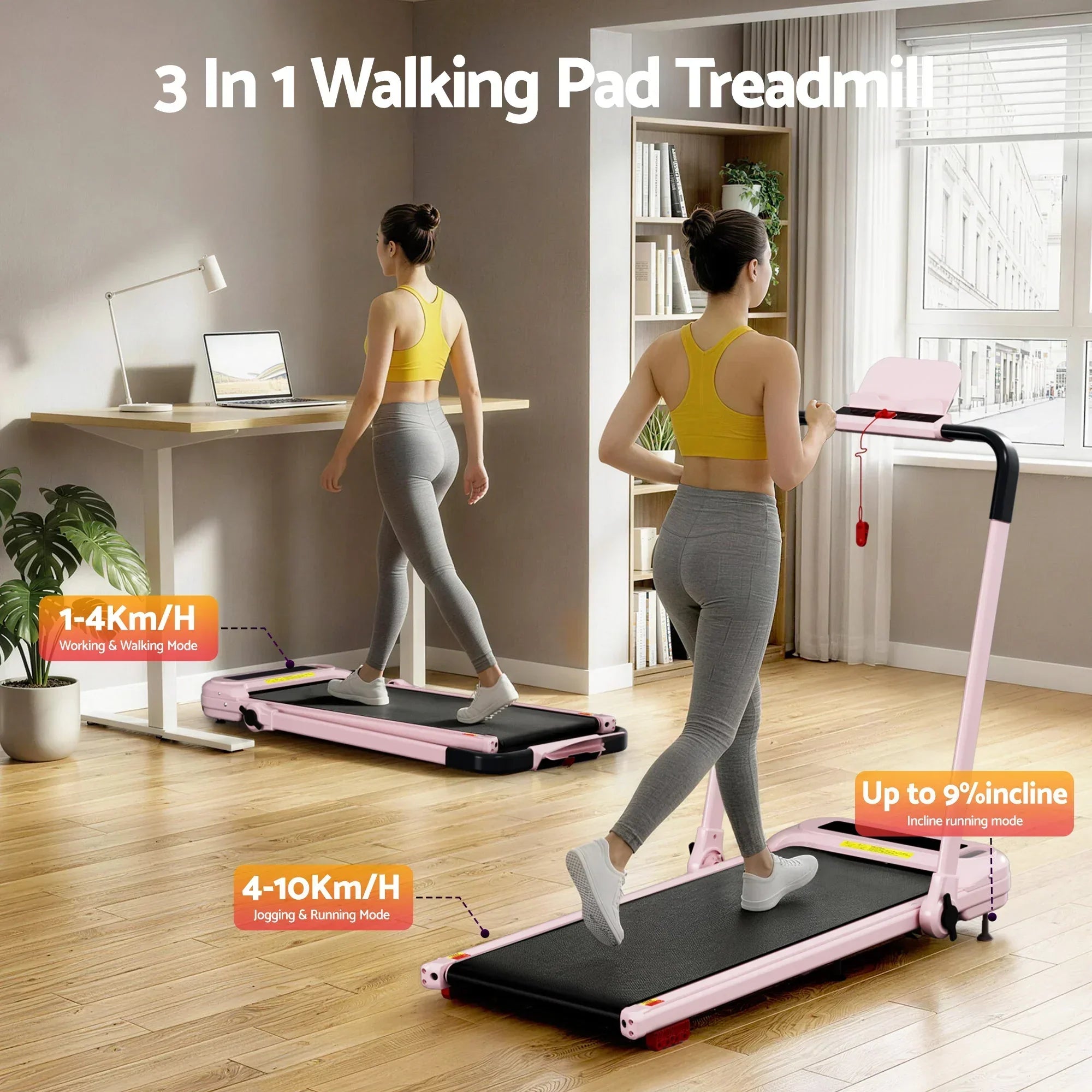 Compact Walking Pad Treadmill with Foldable Handle & App – Pink