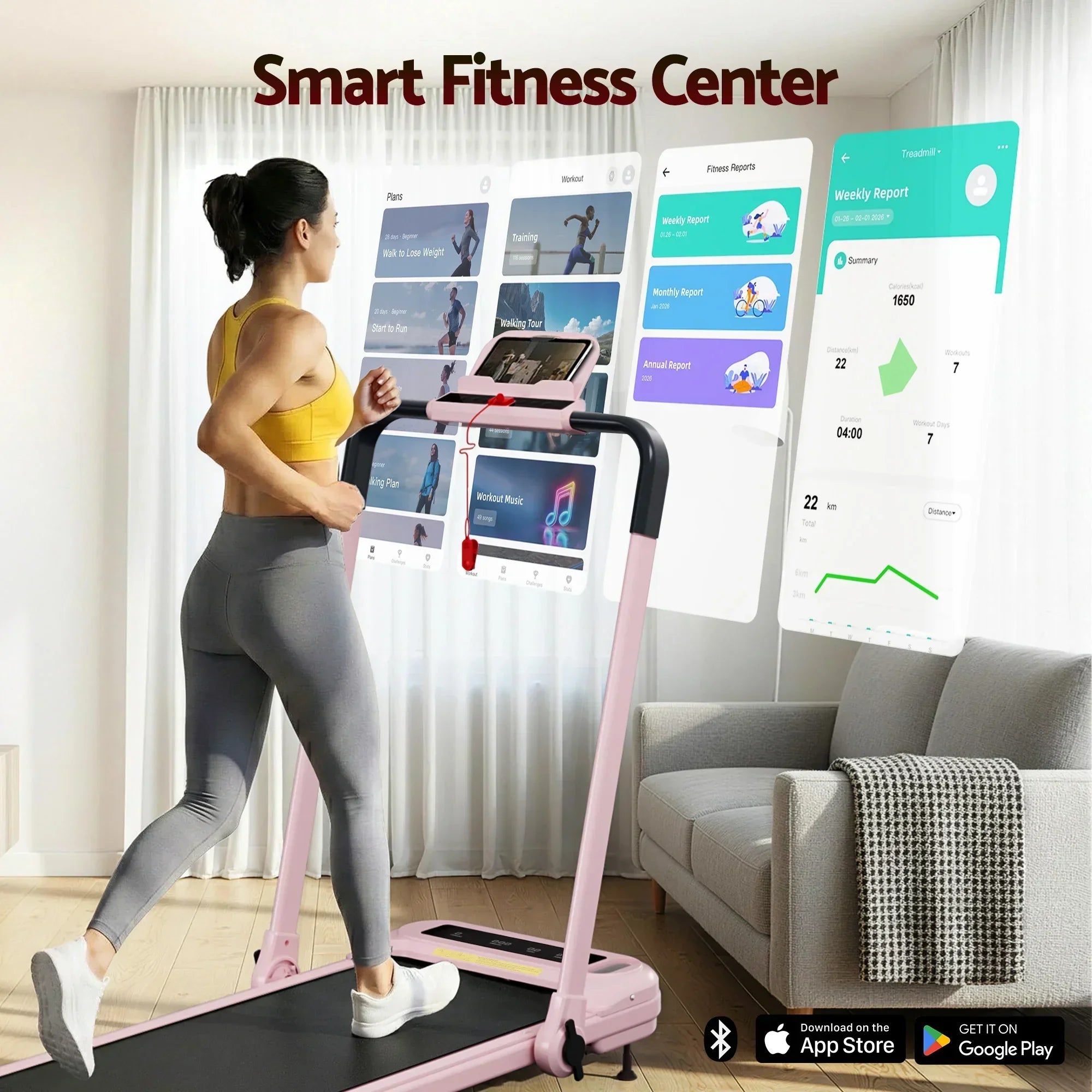Compact Walking Pad Treadmill with Foldable Handle & App – Pink