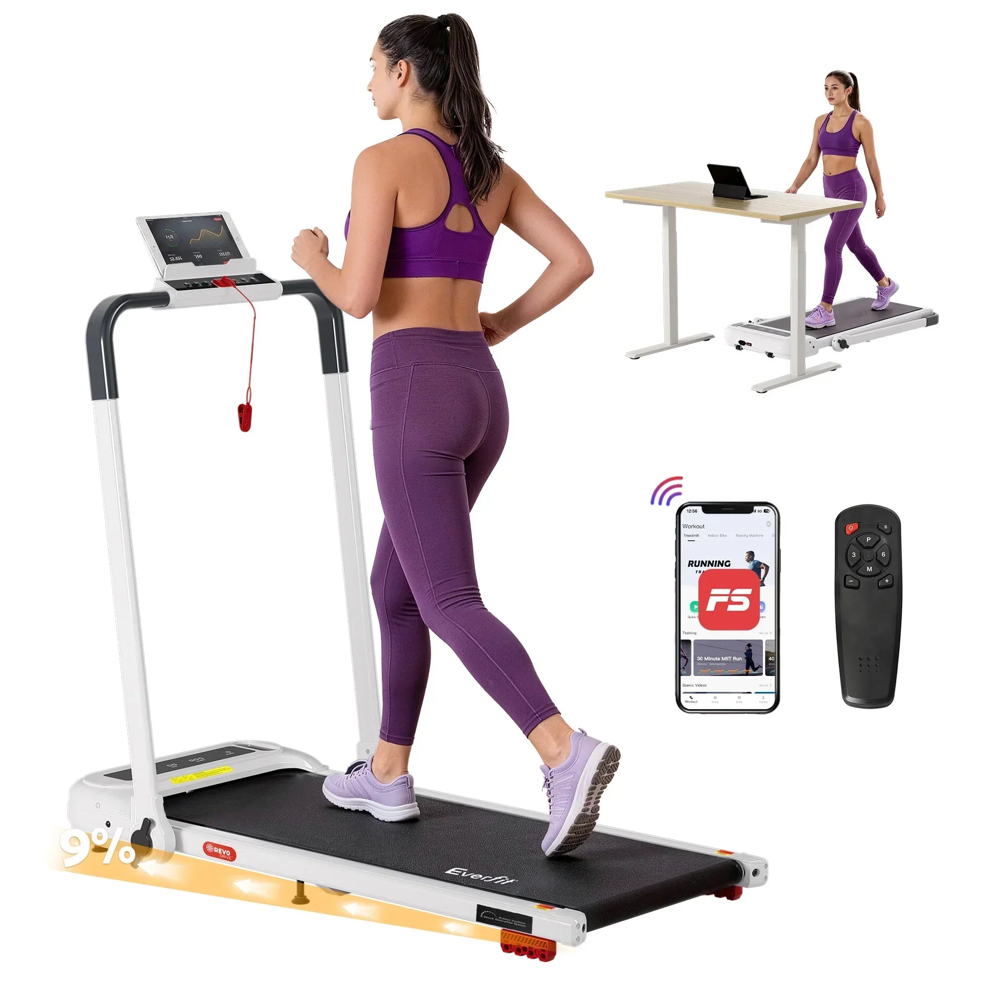 Treadmill Electric Walking Pad with Incline Foldable for Home Gym White