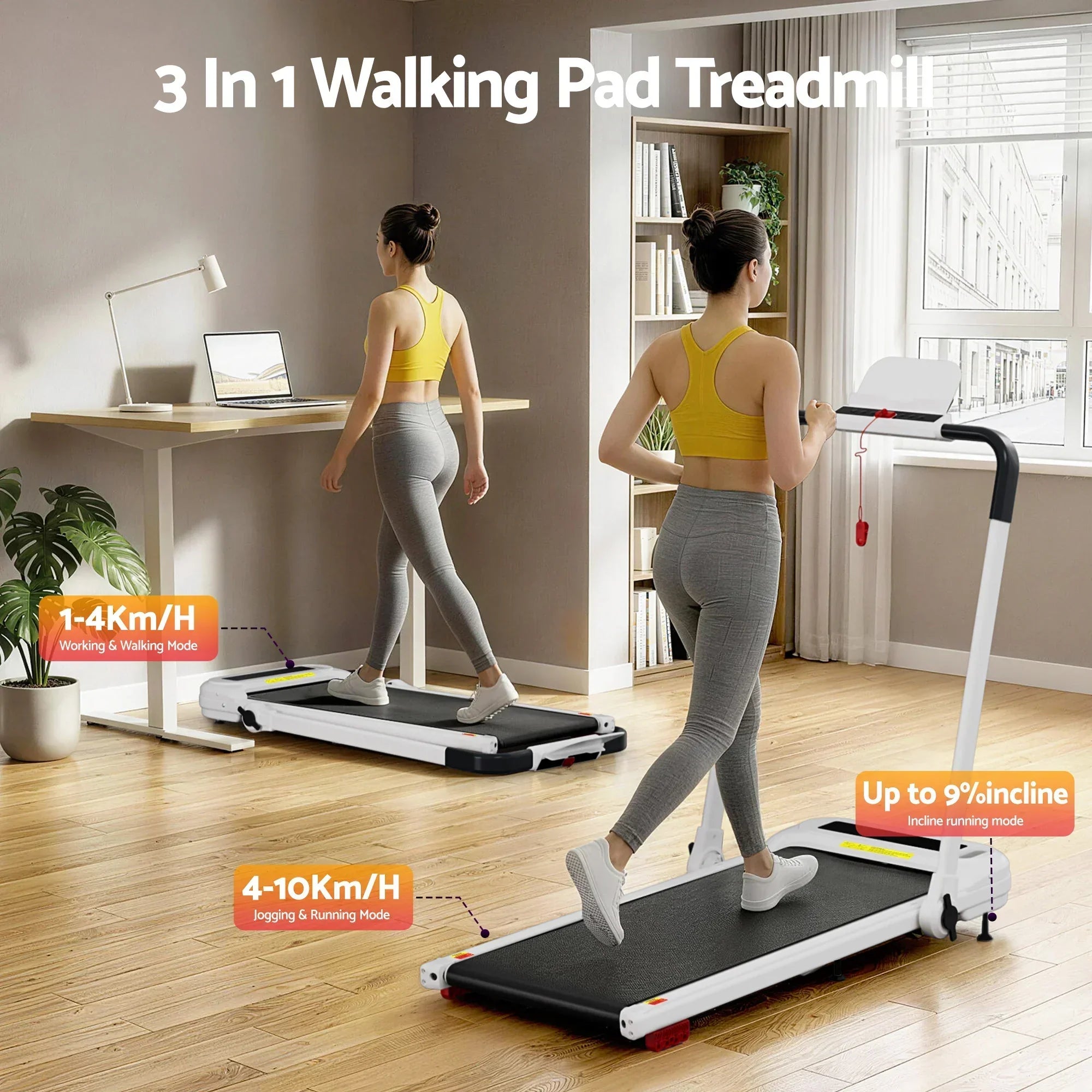 Treadmill Electric Walking Pad with Incline Foldable for Home Gym White