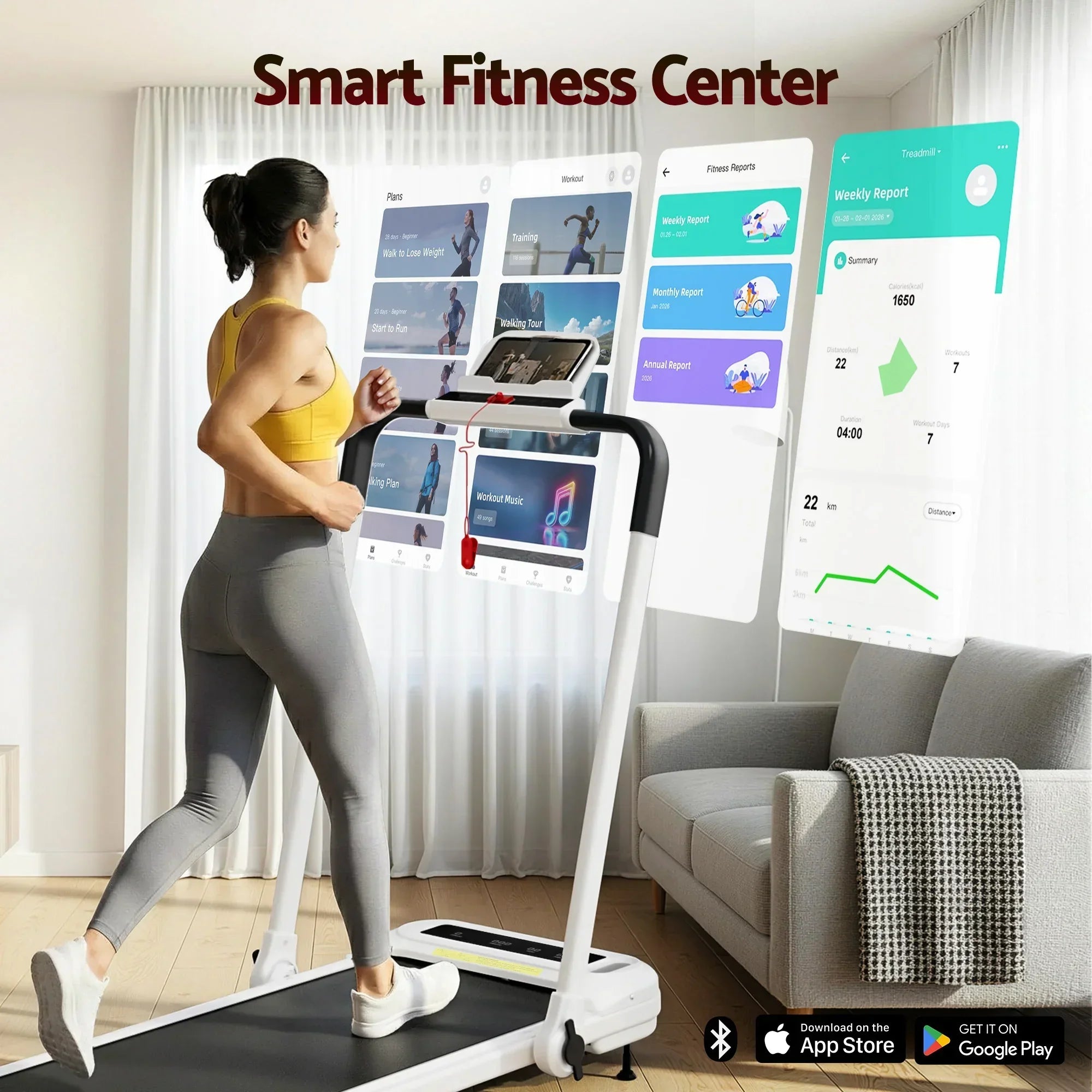 Treadmill Electric Walking Pad with Incline Foldable for Home Gym White
