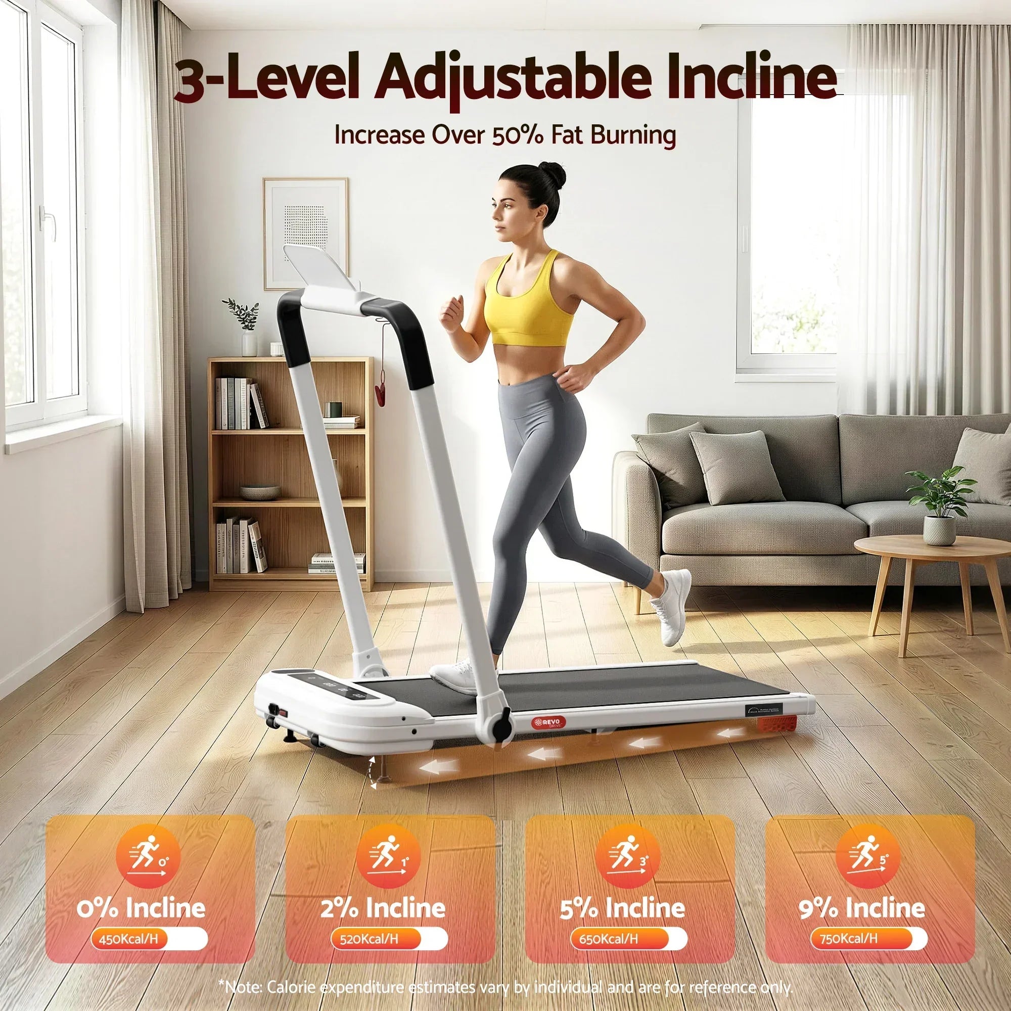 Treadmill Electric Walking Pad with Incline Foldable for Home Gym White