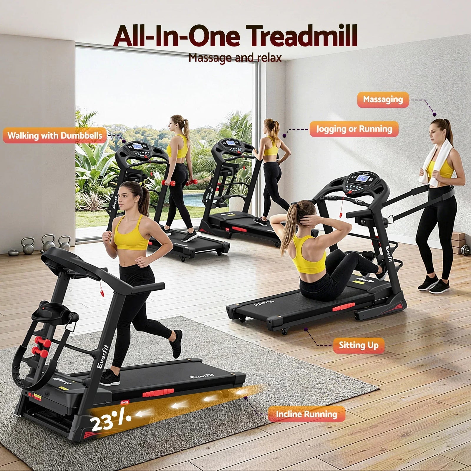 Treadmill with Massager – 5.0HP, 24km/h, 15‑Level Incline, Bluetooth, Black