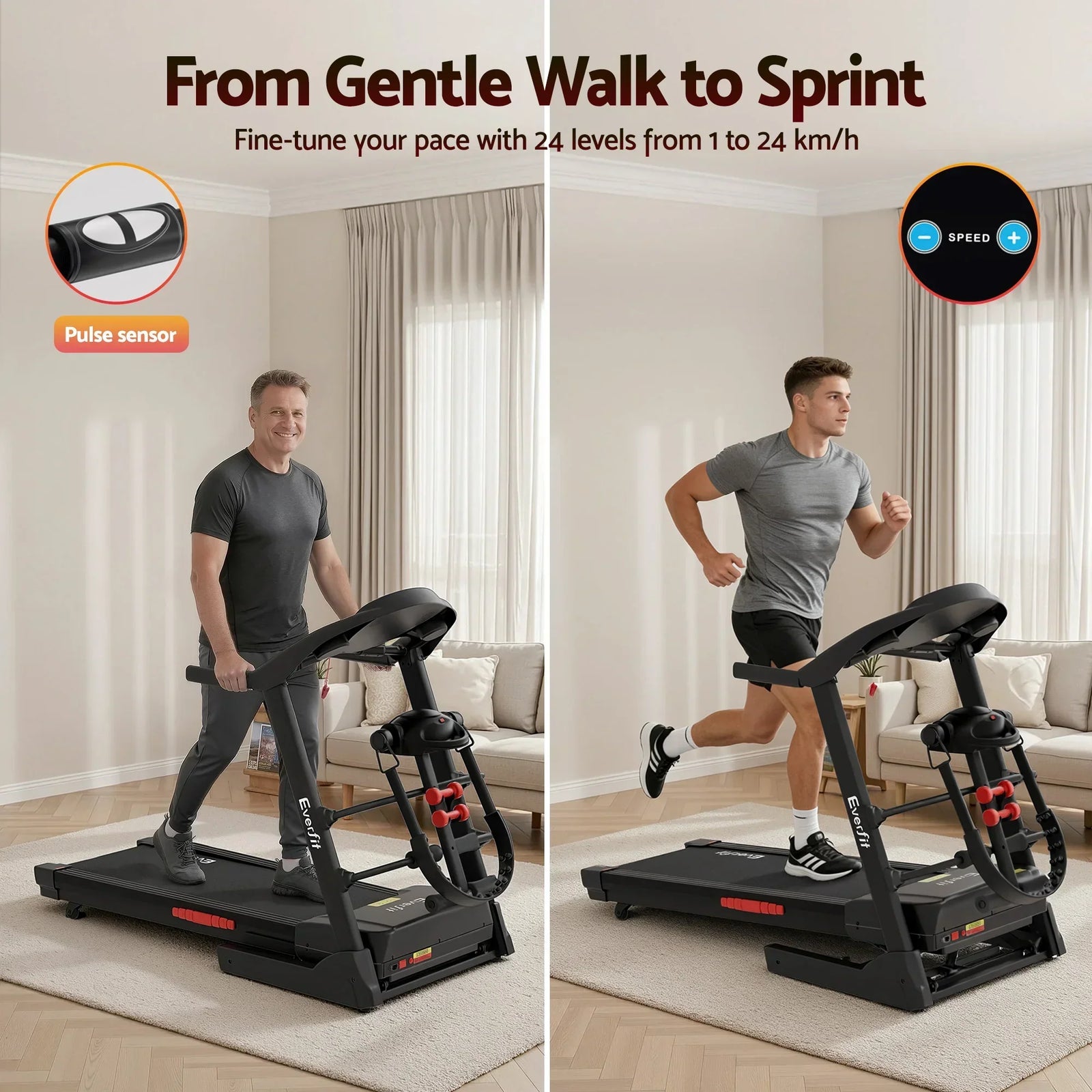 Treadmill with Massager – 5.0HP, 24km/h, 15‑Level Incline, Bluetooth, Black