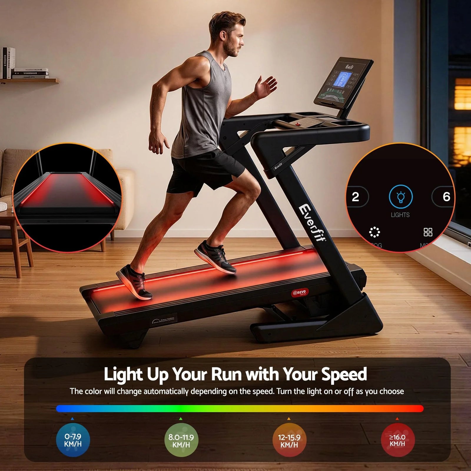 500mm Wide Belt Treadmill 30% Auto Incline Foldable Treadmills for Home with LED Lights