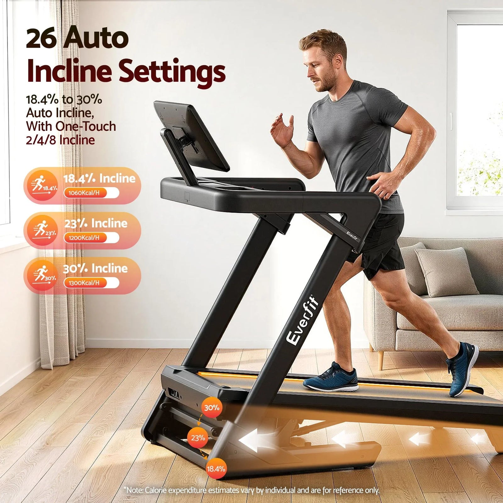 500mm Wide Belt Treadmill 30% Auto Incline Foldable Treadmills for Home with LED Lights
