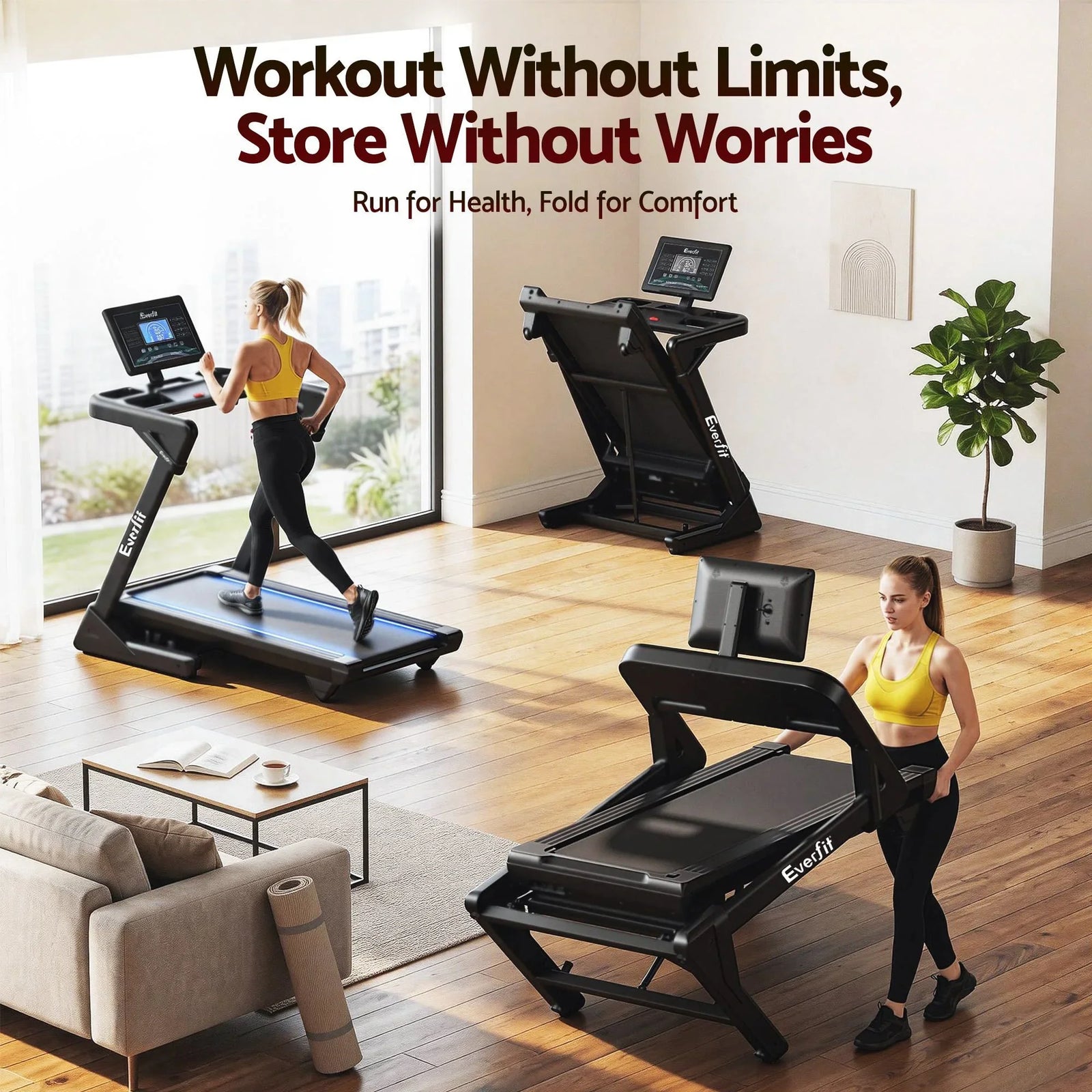 500mm Wide Belt Treadmill 30% Auto Incline Foldable Treadmills for Home with LED Lights