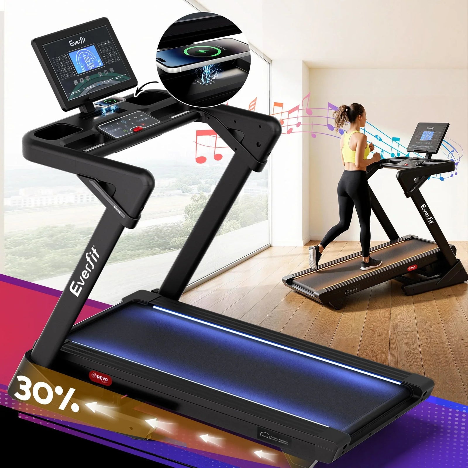 500mm Wide Belt Treadmill 30% Auto Incline Foldable Treadmills for Home with LED Lights