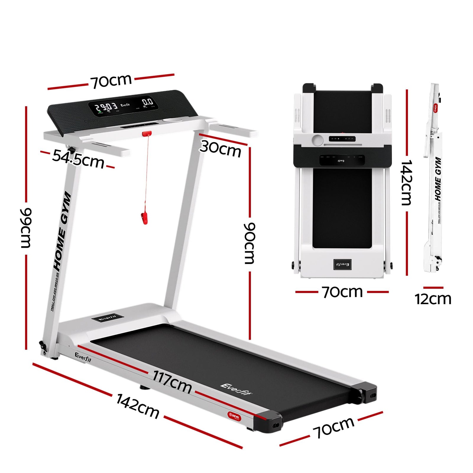 Treadmill Electric Home Gym Fitness Exercise Fully Foldable 450mm White