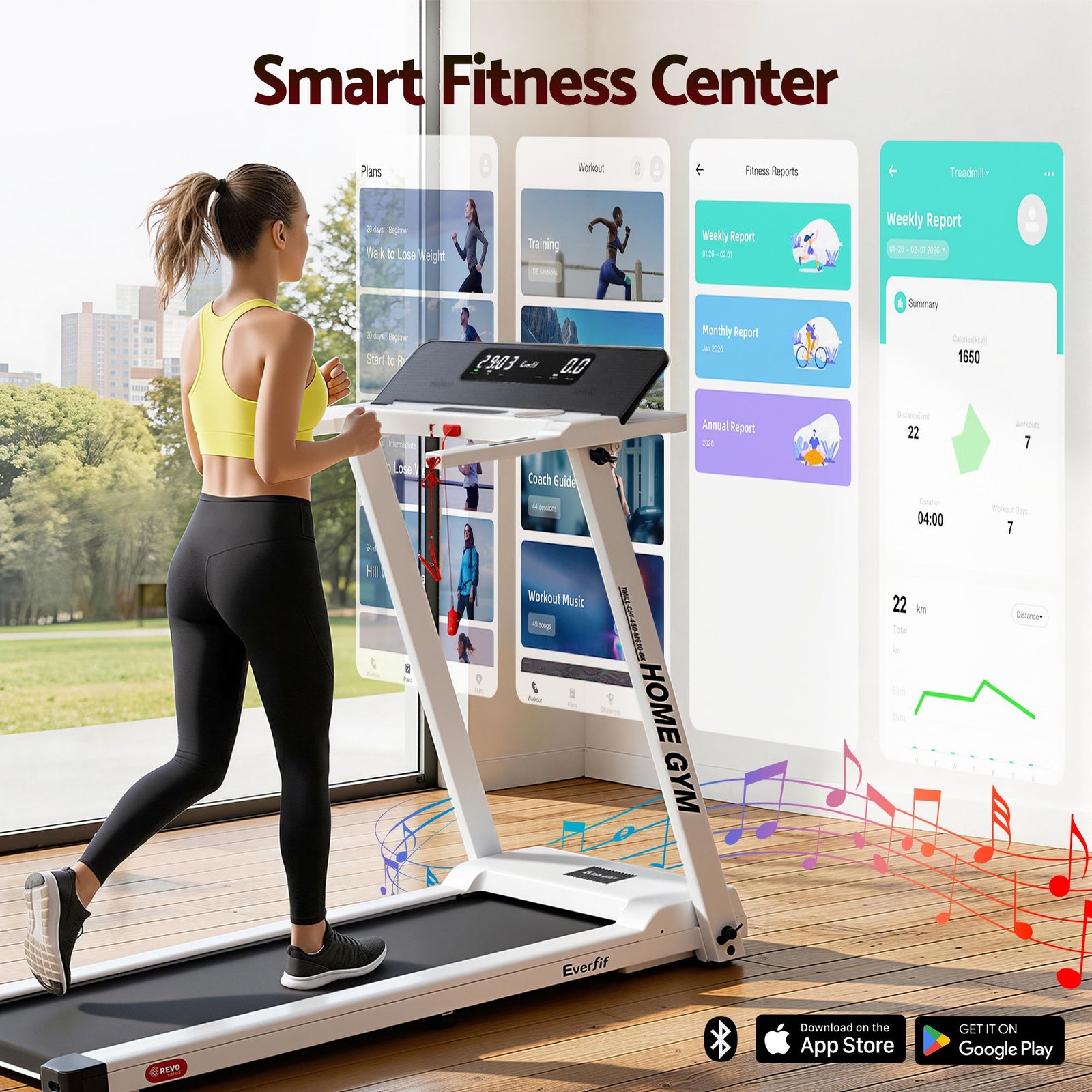 Treadmill Electric Home Gym Fitness Exercise Fully Foldable 450mm White