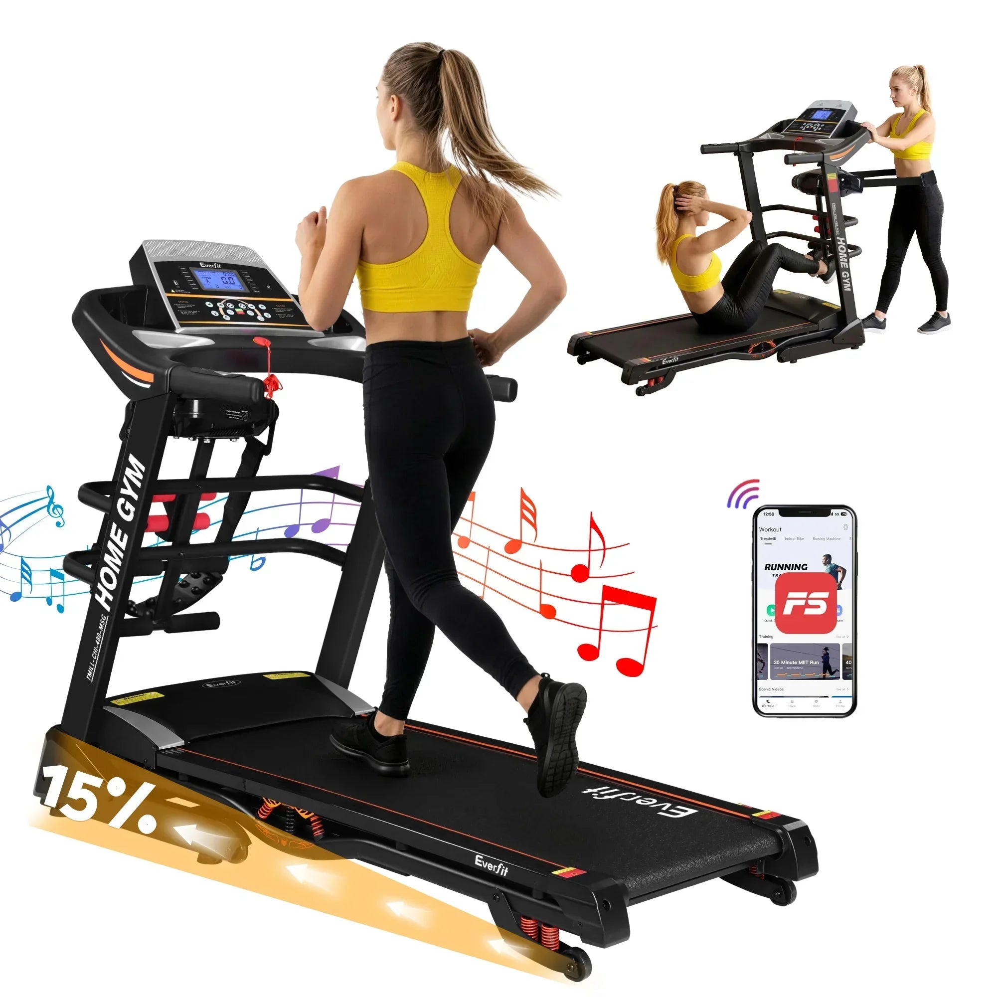 Everfit Folding Electric Treadmill 3.5HP Home Gym Incline 18km/h Black