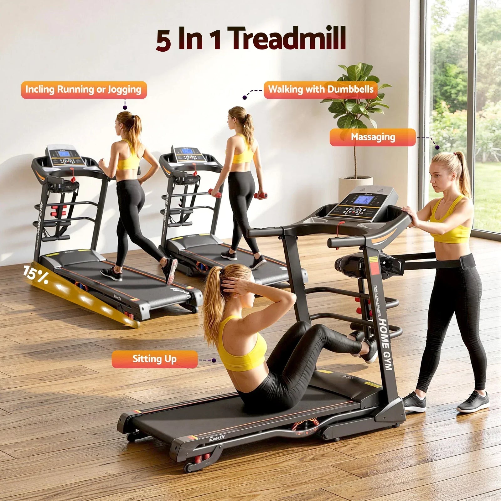 Everfit Folding Electric Treadmill 3.5HP Home Gym Incline 18km/h Black
