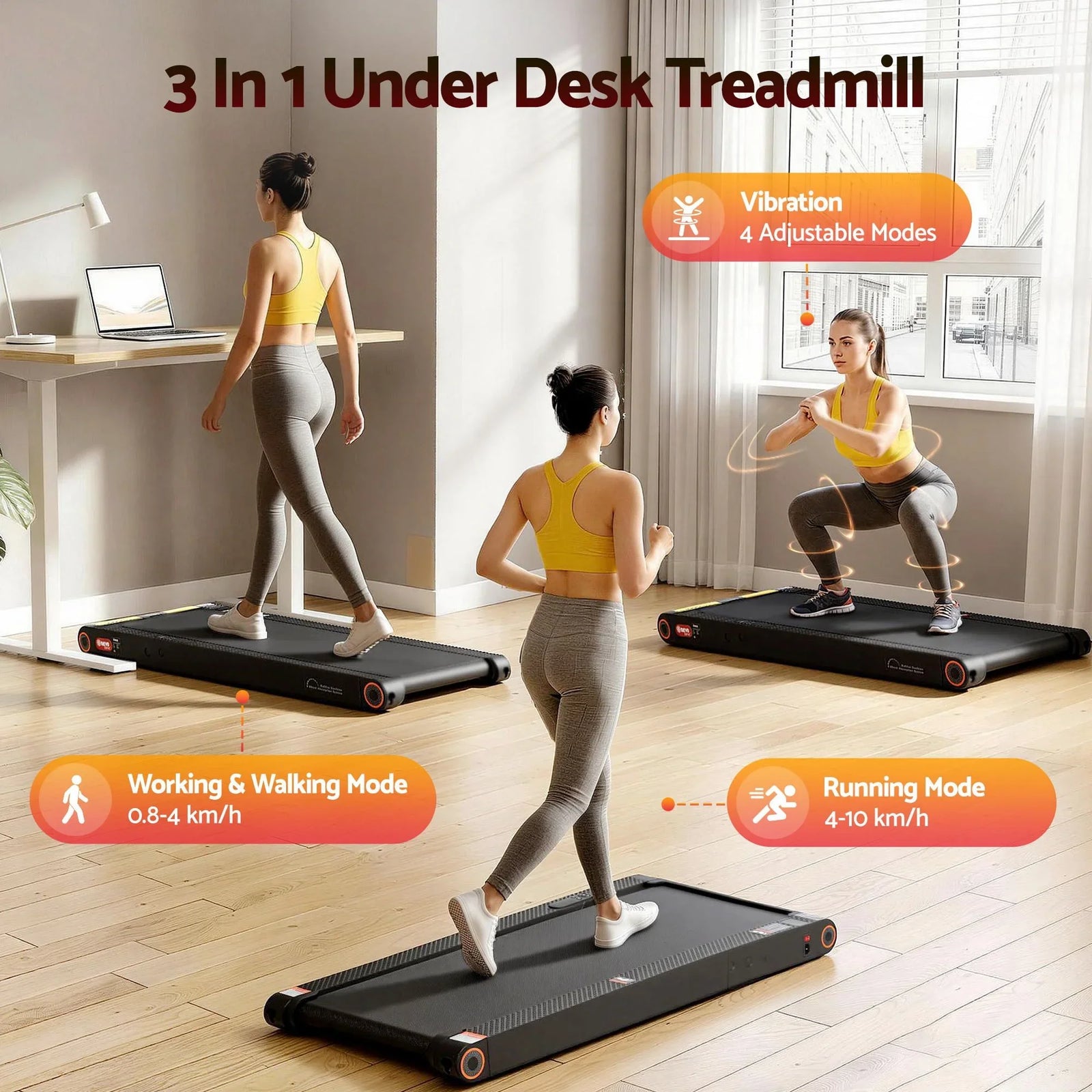 4 in 1 Vibration Walking Pad Treadmill Under Desk Treadmills for Home Gym with App Control 380mm Black