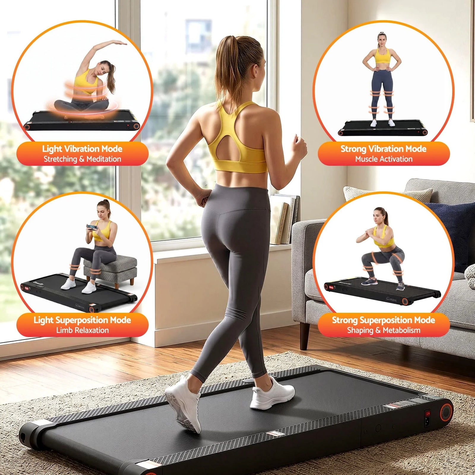 4 in 1 Vibration Walking Pad Treadmill Under Desk Treadmills for Home Gym with App Control 380mm Black