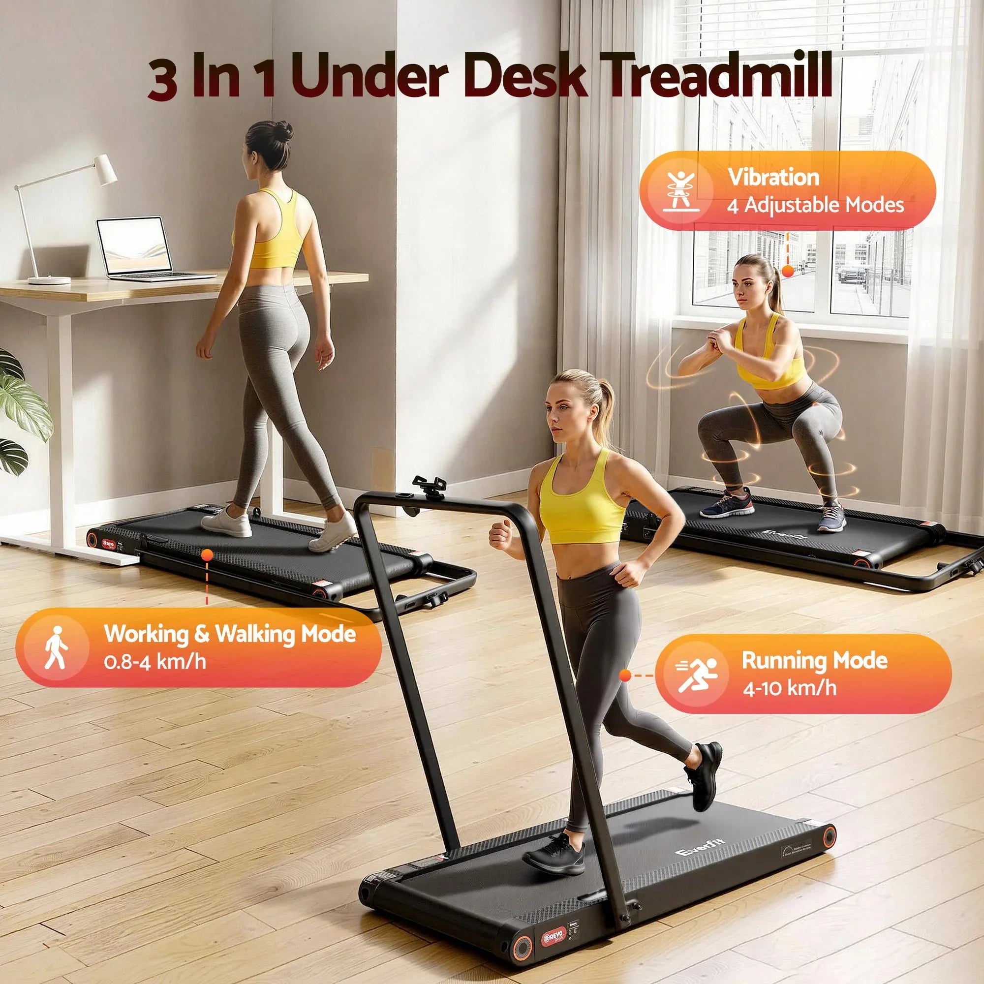 4 in 1 Vibration Walking Pad Treadmill Under Desk Treadmills for Home Gym with App Control 380mm Black