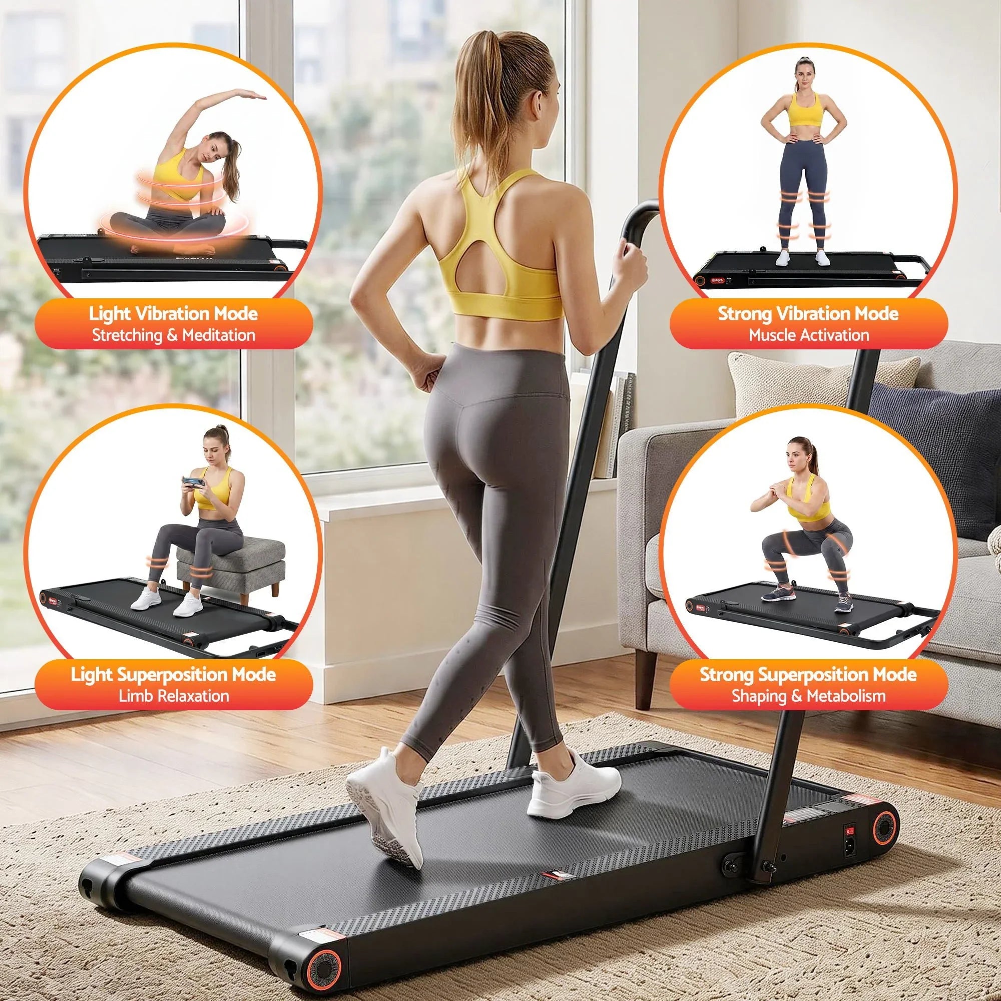 4 in 1 Vibration Walking Pad Treadmill Under Desk Treadmills for Home Gym with App Control 380mm Black