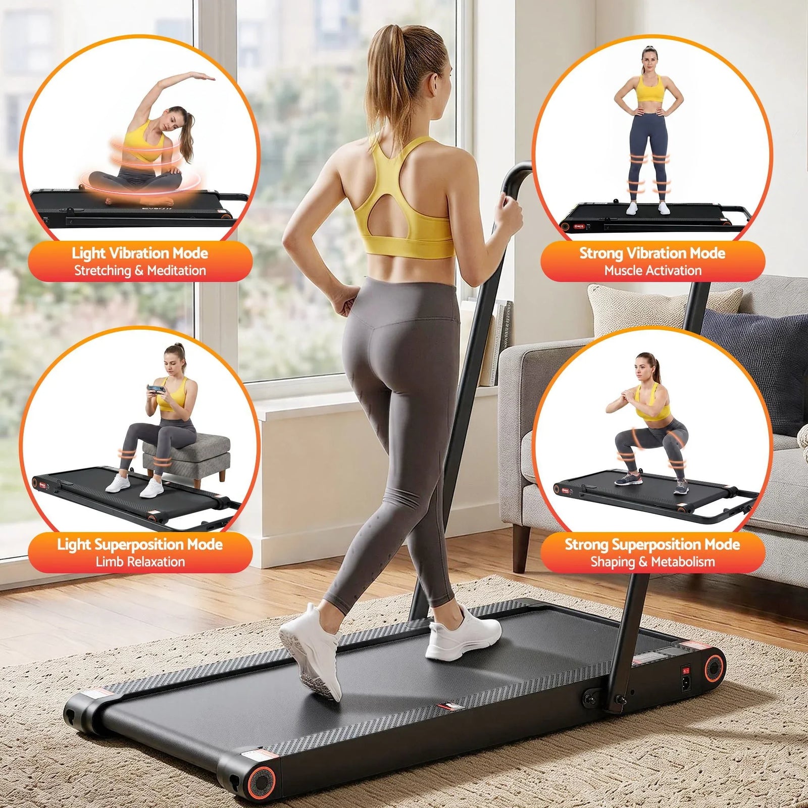 4 in 1 Vibration Walking Pad Treadmill Under Desk Treadmills for Home Gym with App Control 380mm Black