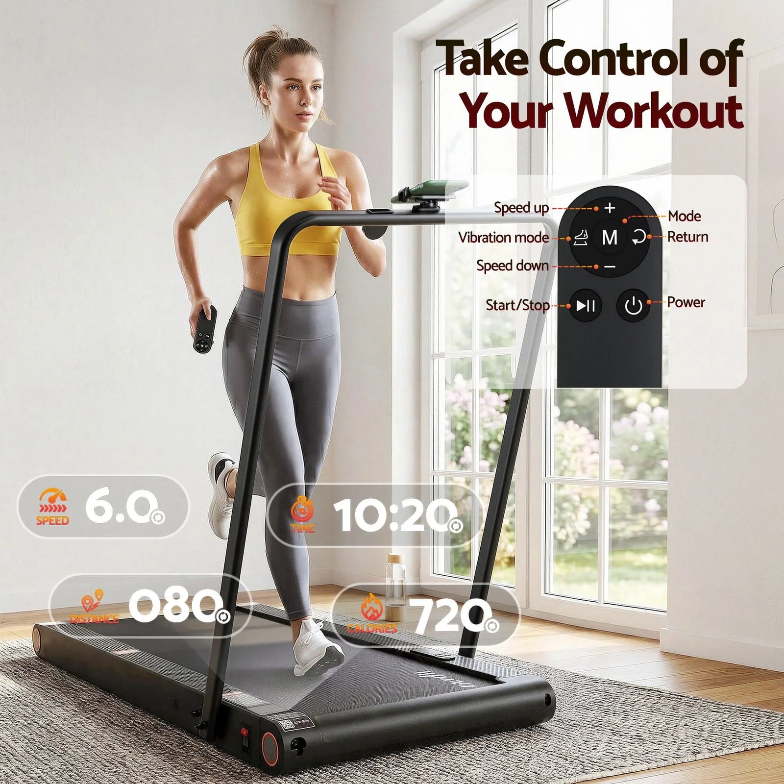 4 in 1 Vibration Walking Pad Treadmill Under Desk Treadmills for Home Gym with App Control 380mm Black