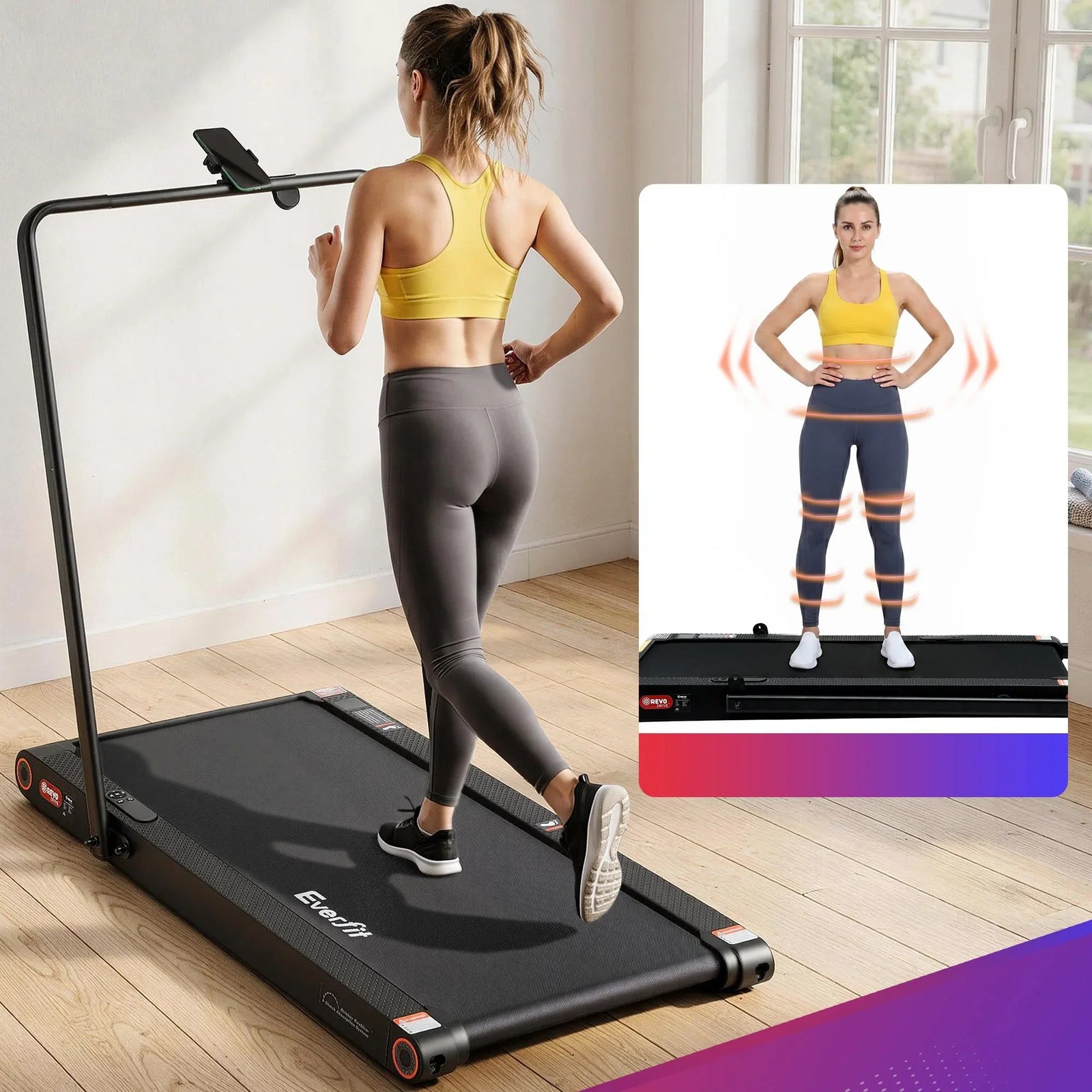4 in 1 Vibration Walking Pad Treadmill Under Desk Treadmills for Home Gym with App Control 380mm Black