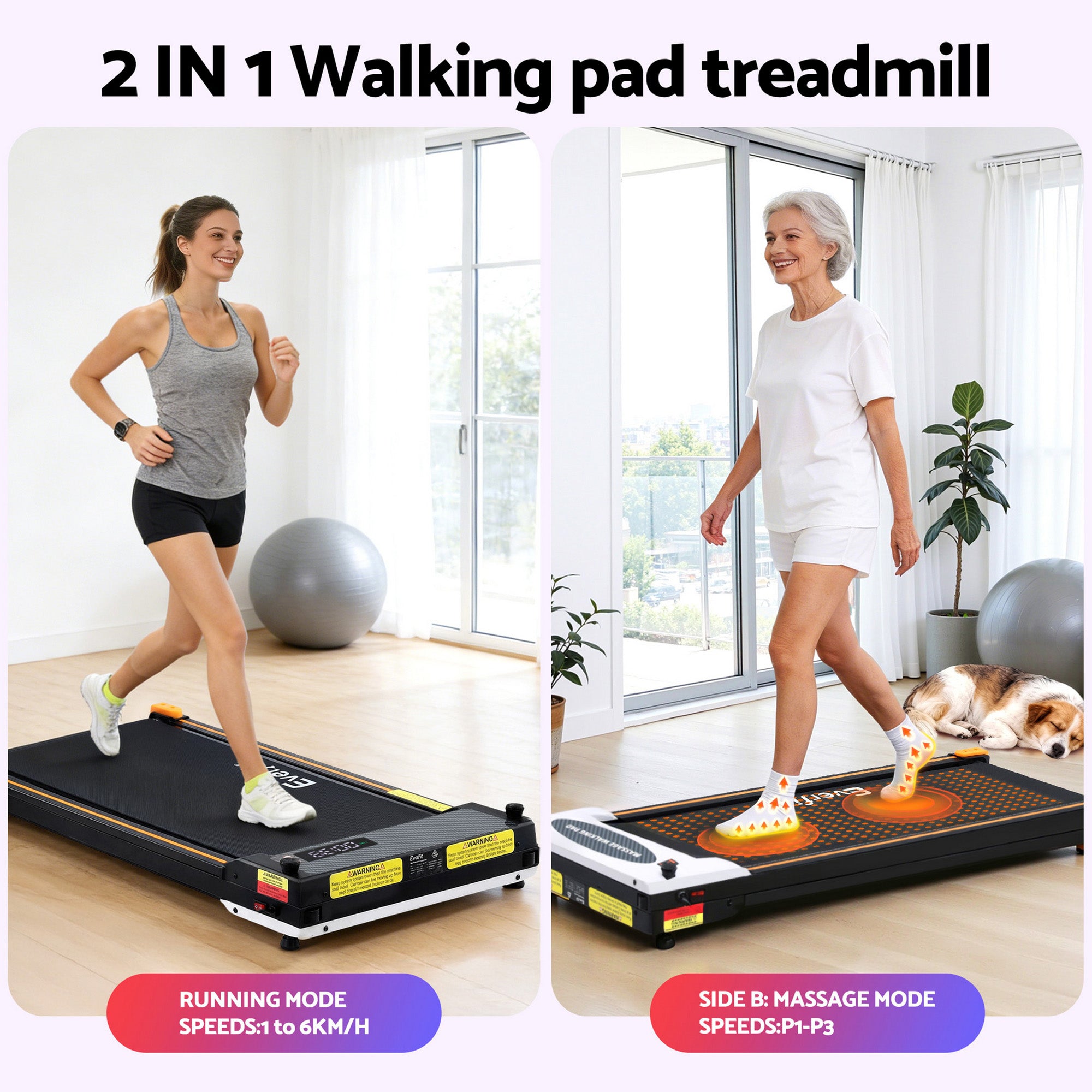2 Side Walking Pad Treadmill with Massage Function Fitness 380mm Black