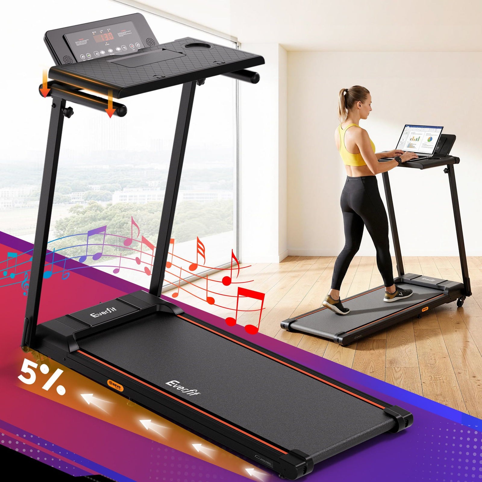 Treadmill Electric Walking Pad Foldable Incline for Home Office Gym Black