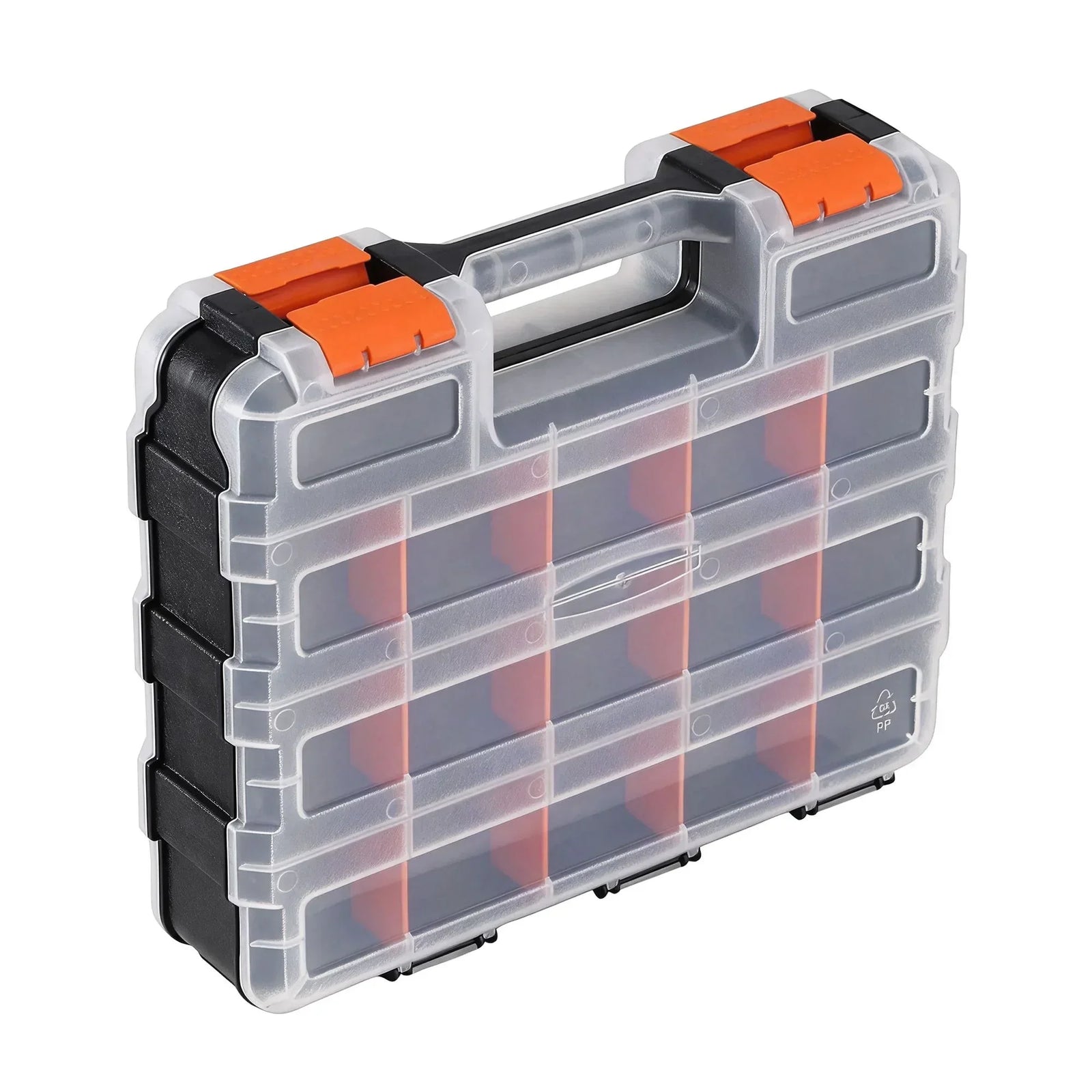 Double‑Sided Hardware Organizer – 34 Compartments, 4‑Latch Lock, Black/Orange