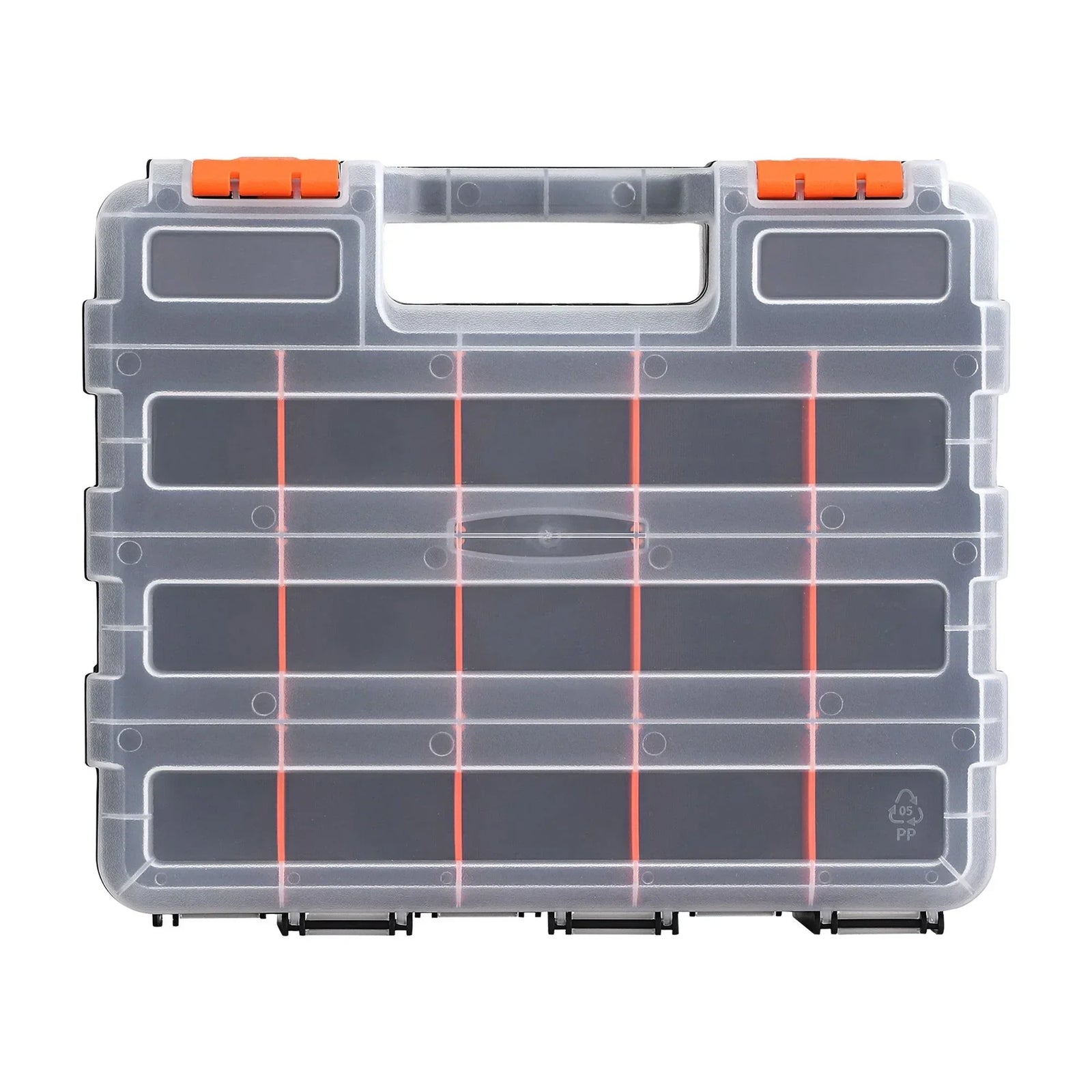 Double‑Sided Hardware Organizer – 34 Compartments, 4‑Latch Lock, Black/Orange
