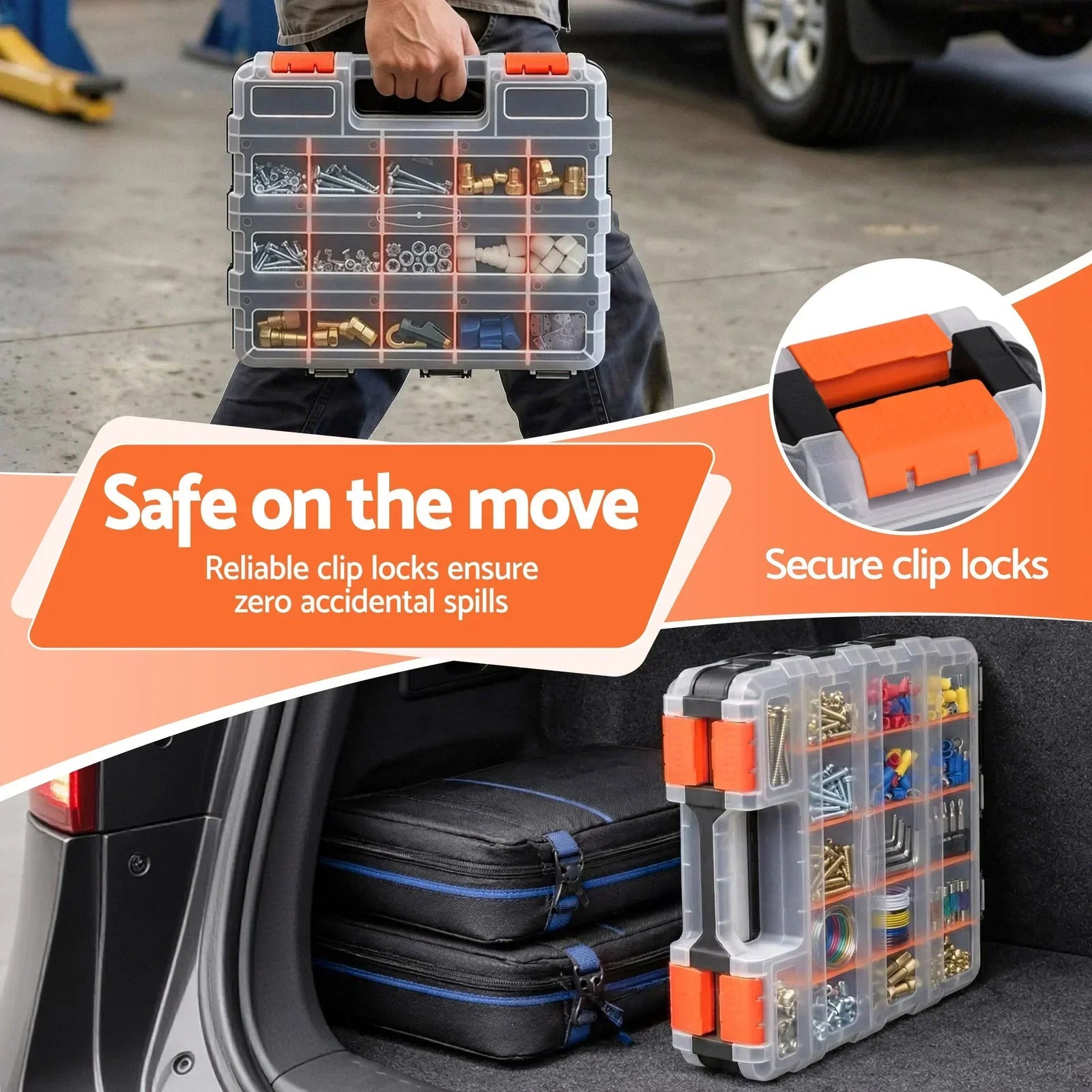 Double‑Sided Hardware Organizer – 34 Compartments, 4‑Latch Lock, Black/Orange