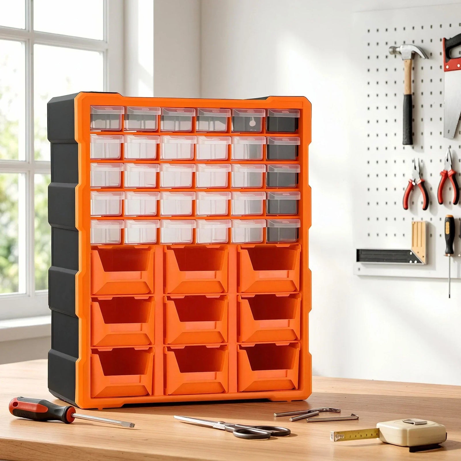 39‑Drawer Tool Organizer – Hardware Storage Cabinet Anti‑Drop Clear/Orange