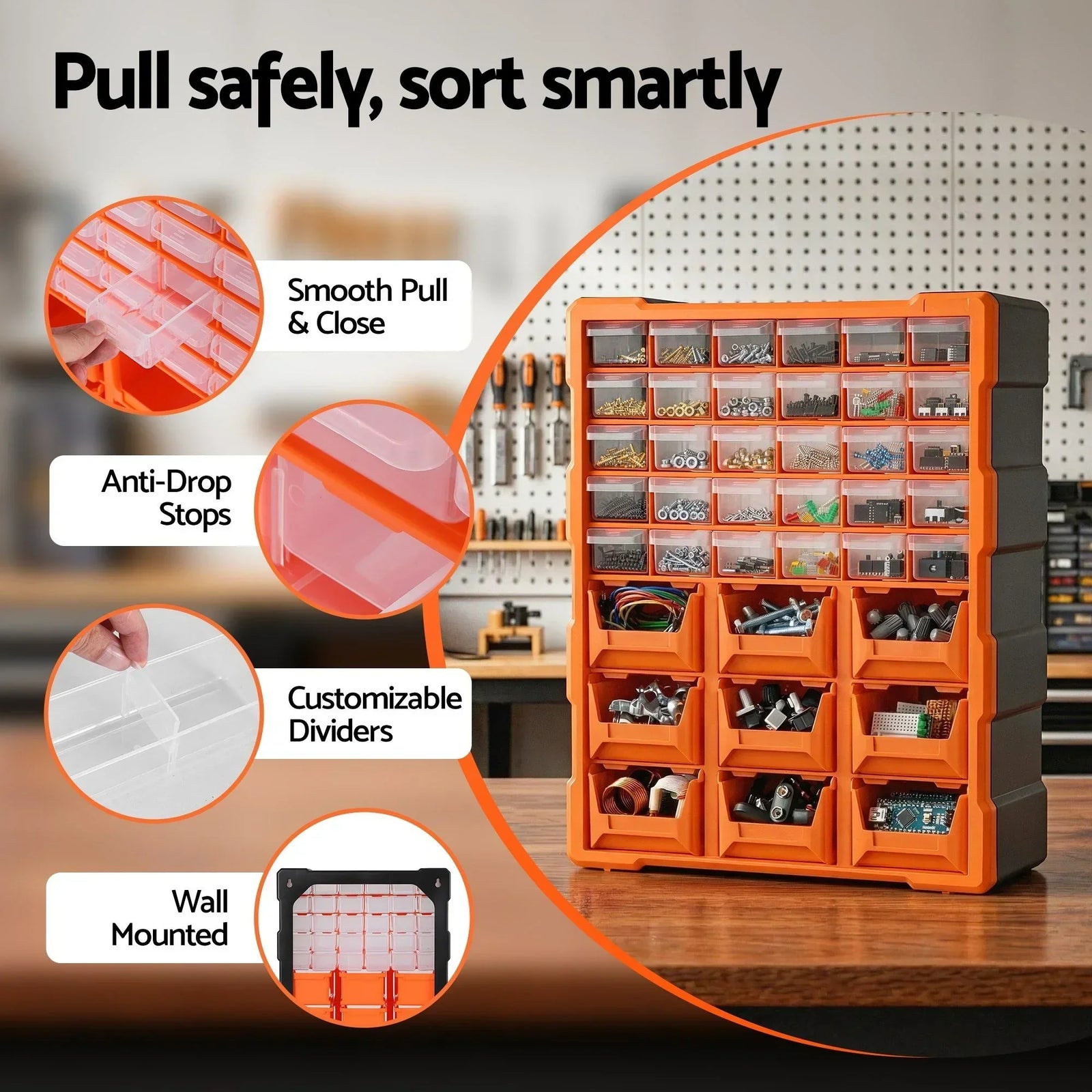 39‑Drawer Tool Organizer – Hardware Storage Cabinet Anti‑Drop Clear/Orange