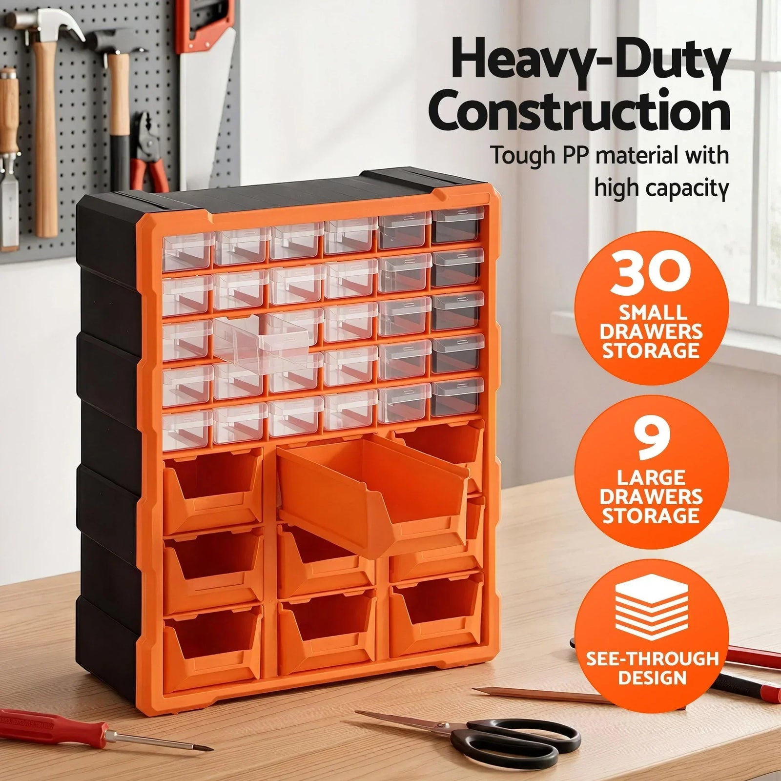 39‑Drawer Tool Organizer – Hardware Storage Cabinet Anti‑Drop Clear/Orange