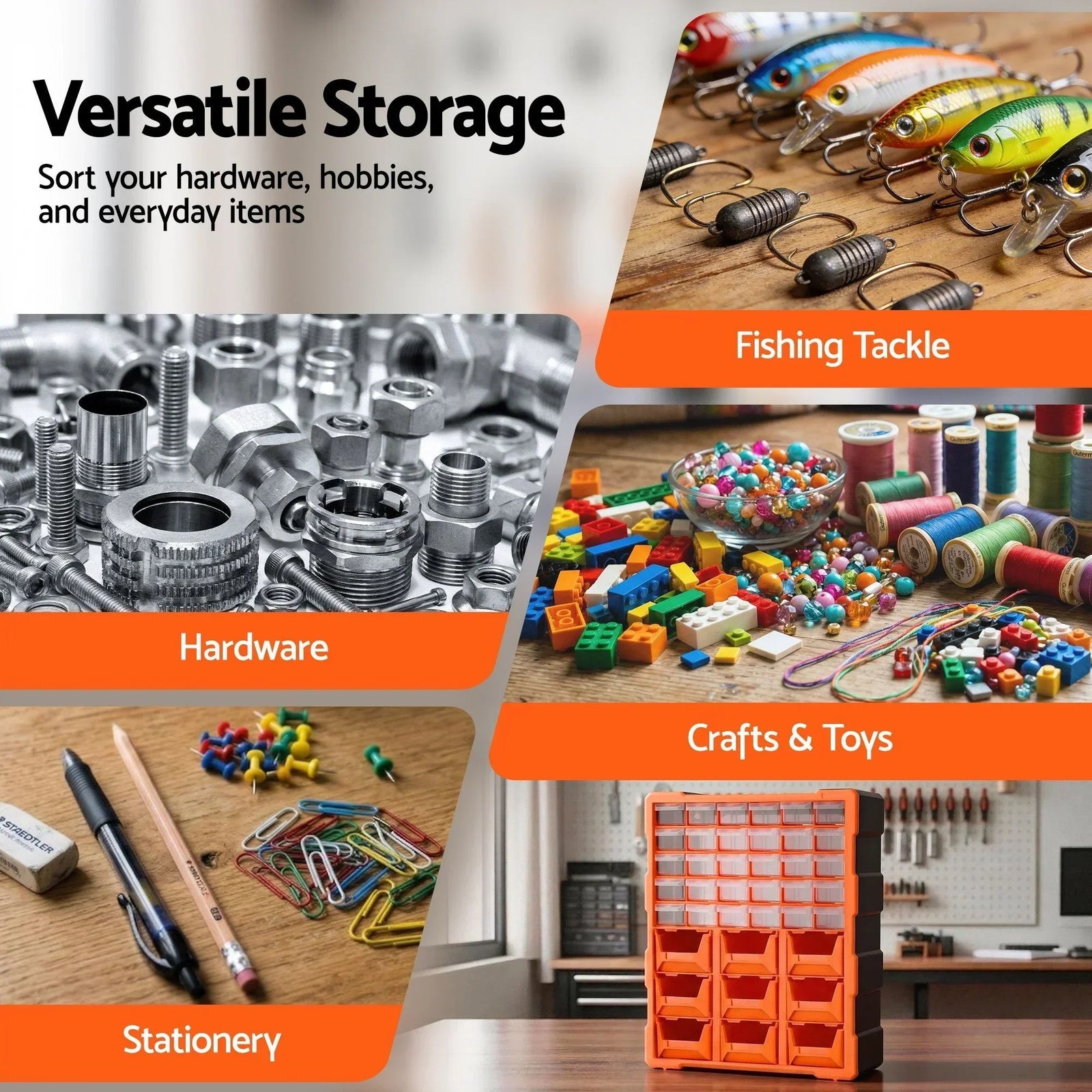39‑Drawer Tool Organizer – Hardware Storage Cabinet Anti‑Drop Clear/Orange