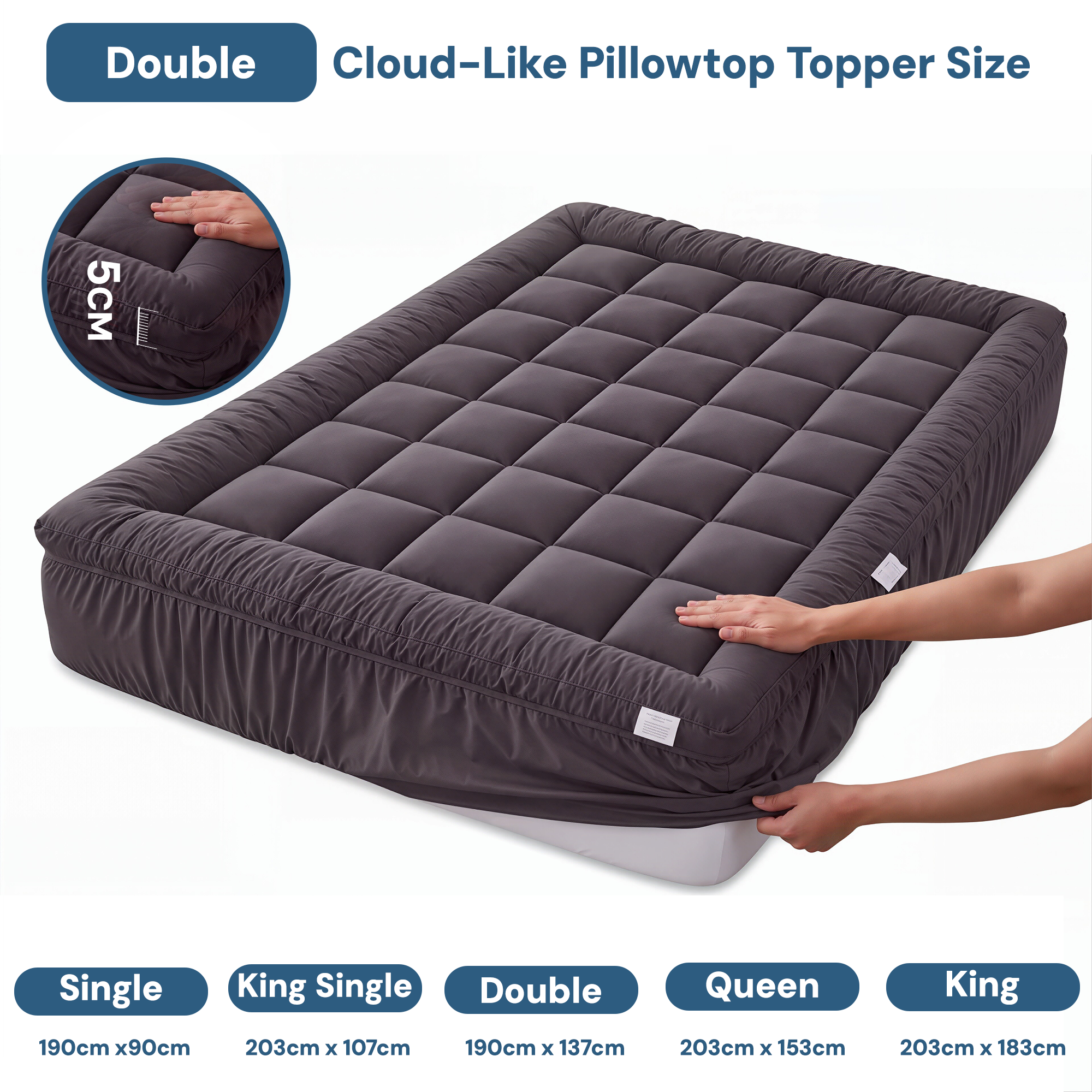 Bamboo Charcoal Filling Pillowtop Topper 1000GSM 5cm Thick Pillowtop Pad for Back Pain Relief Washable with 45cm Deep Pocket Double