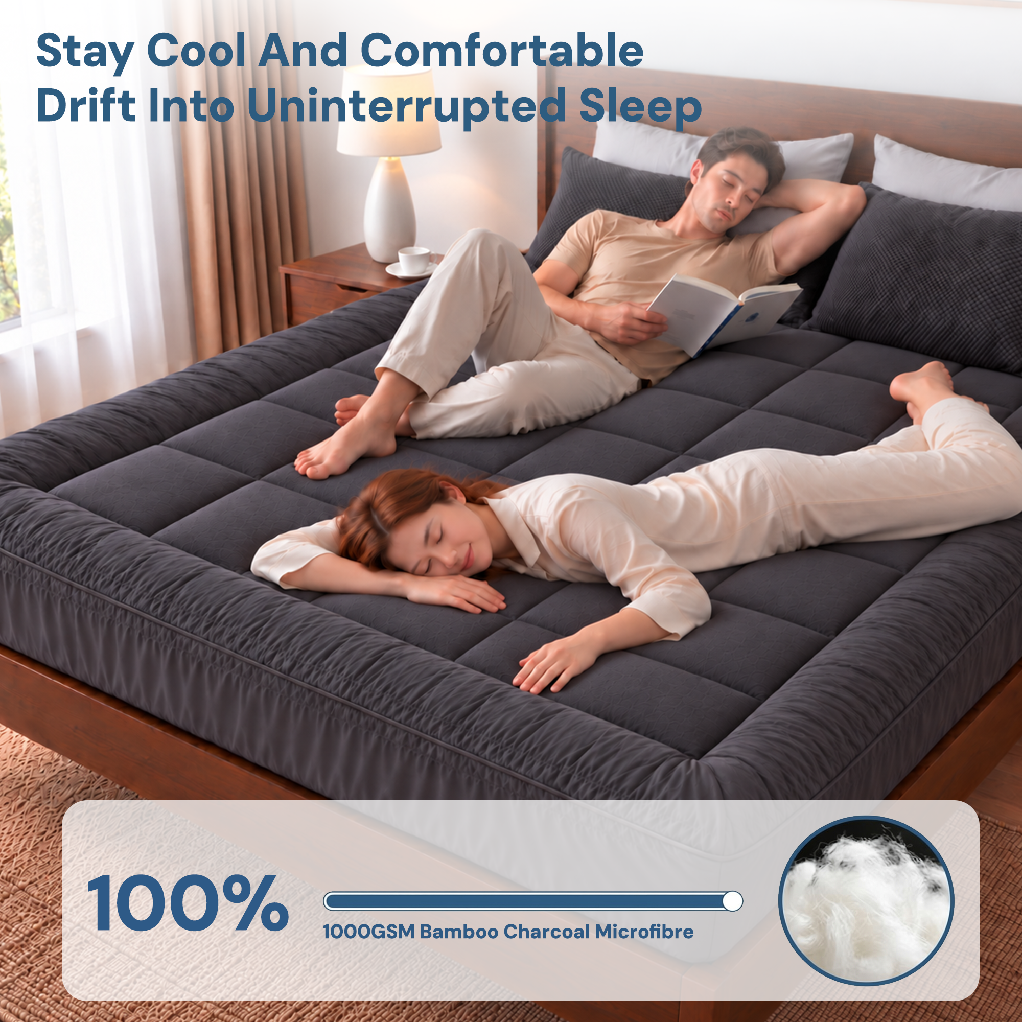 Bamboo Charcoal Filling Pillowtop Topper 1000GSM 5cm Thick Pillowtop Pad for Back Pain Relief Washable with 45cm Deep Pocket Queen