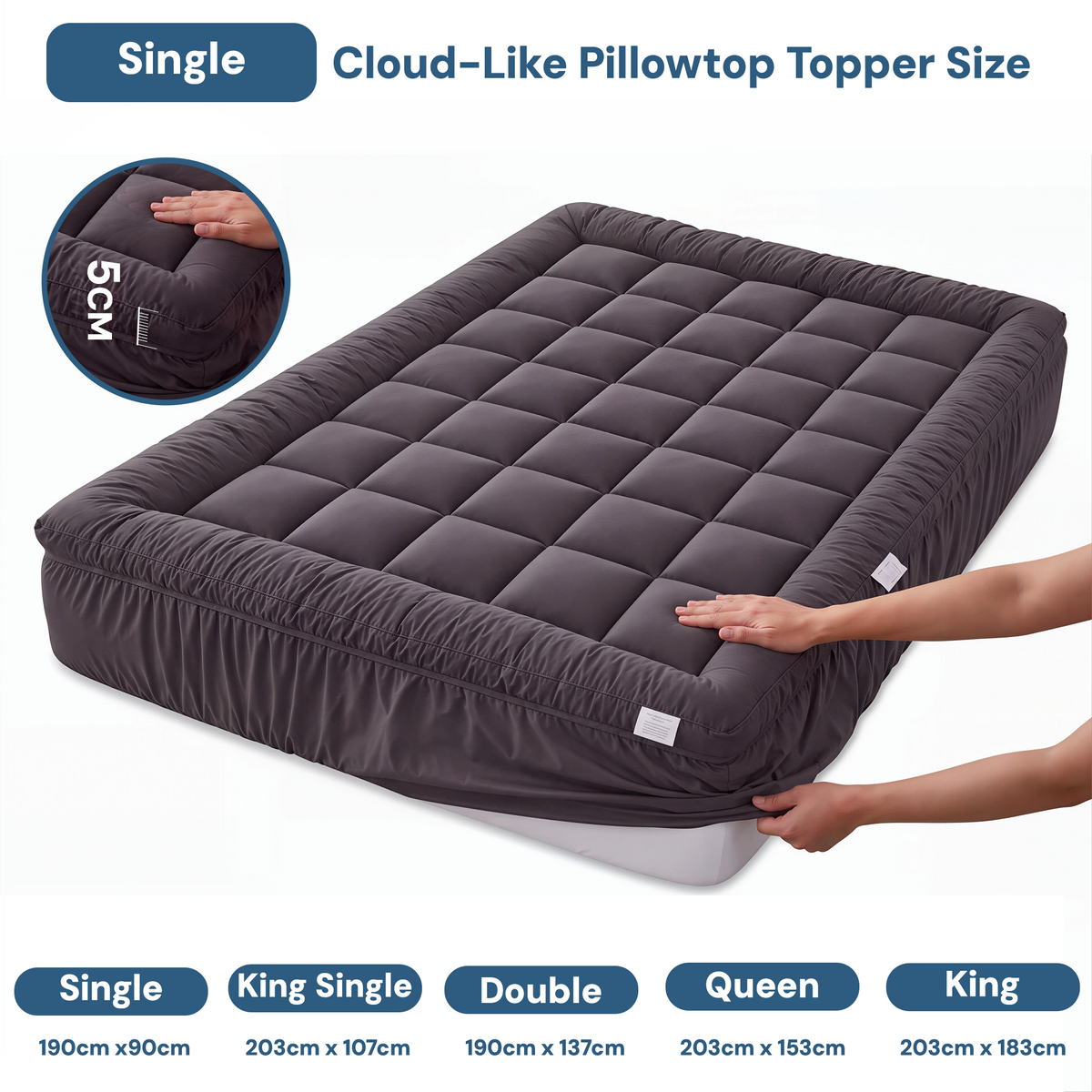 Bamboo Charcoal Filling Pillowtop Topper 1000GSM 5cm Thick Pillowtop Pad for Back Pain Relief Washable with 45cm Deep Pocket Single