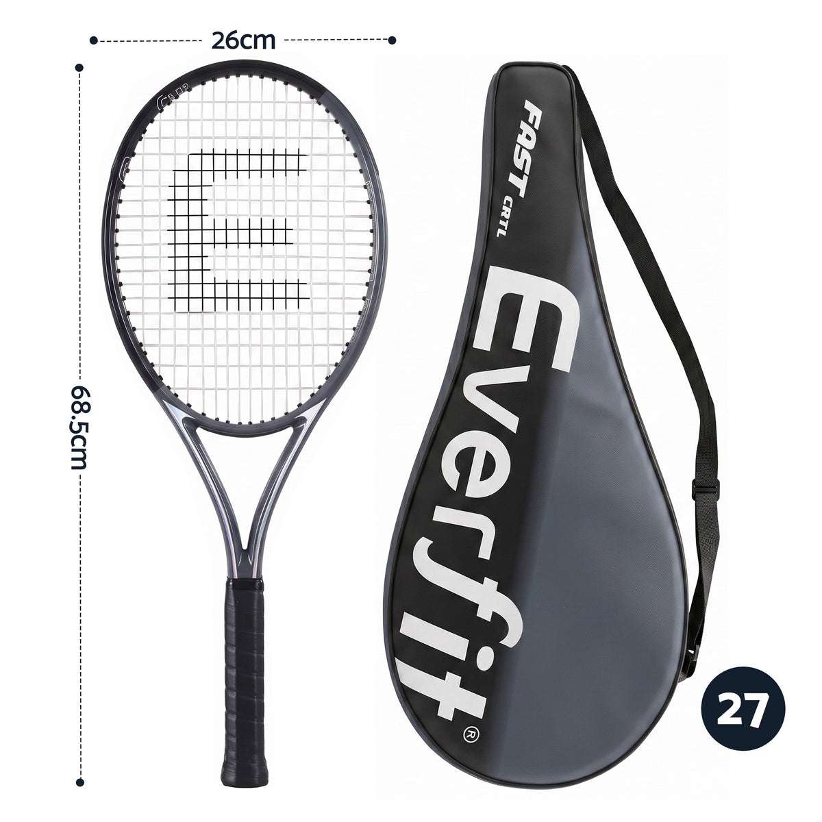 27 Inch Tennis Racket Lightweight Racquet for Beginner Adult Players Black