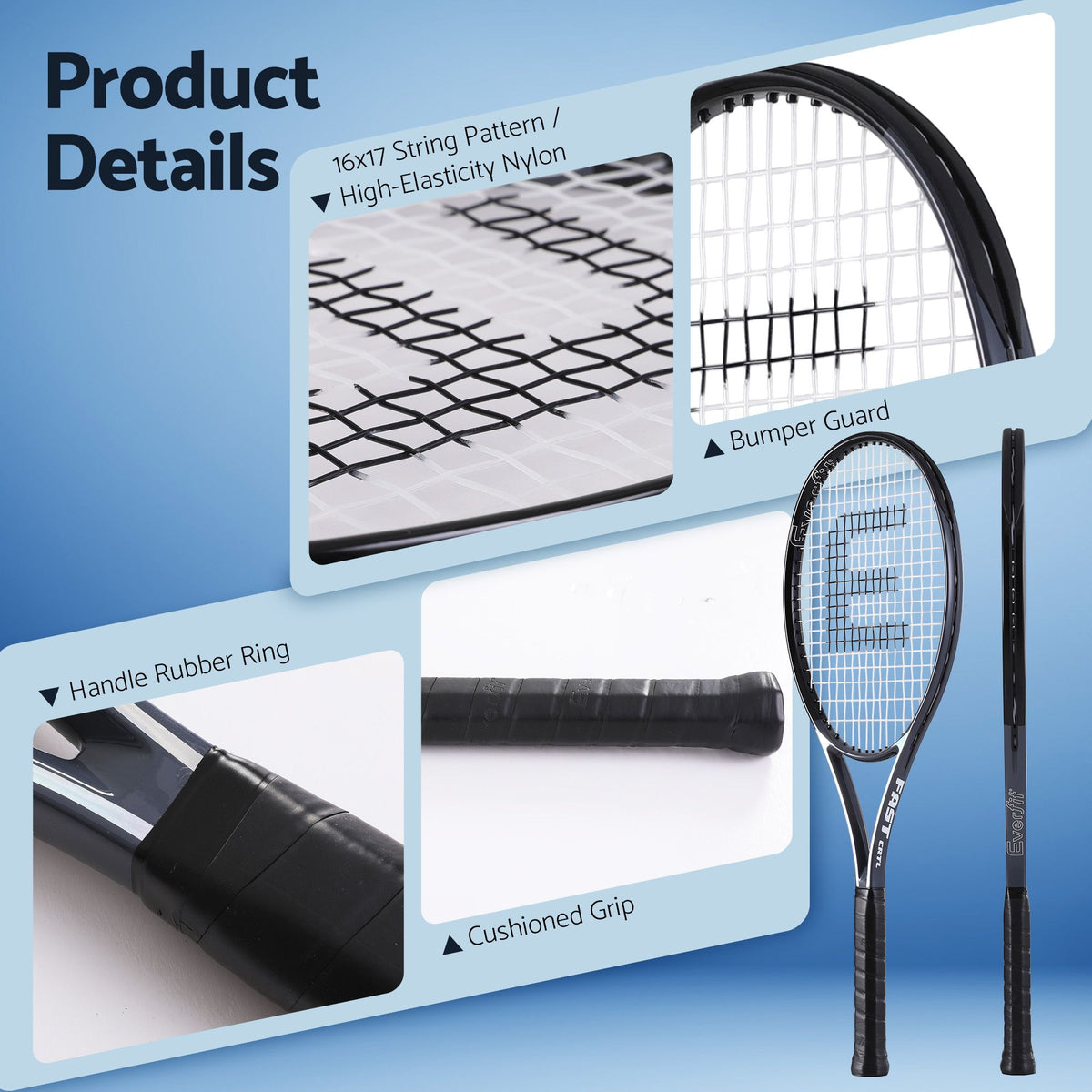 27 Inch Tennis Racket Lightweight Racquet for Beginner Adult Players Black