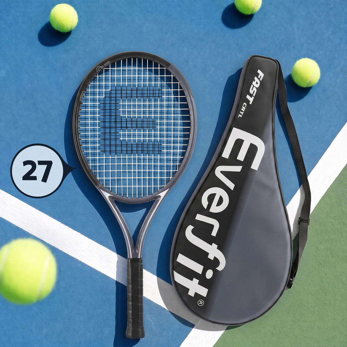 27 Inch Tennis Racket Lightweight Racquet for Beginner Adult Players Black