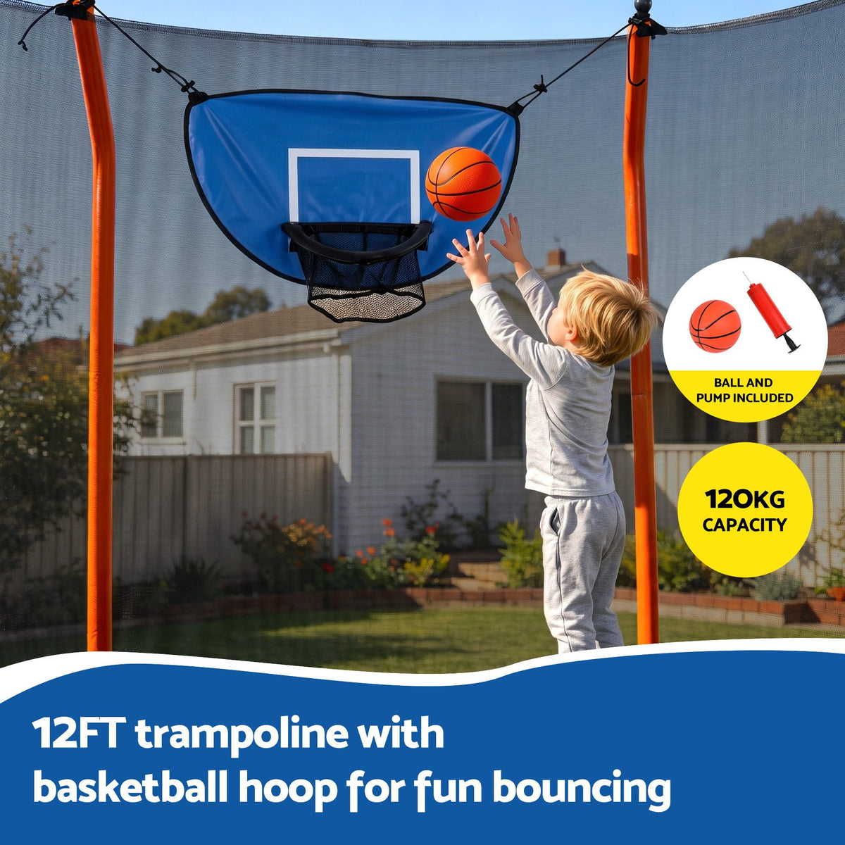 12FT Kids Trampoline Rectangle Rebounder with Basketball Set Blue