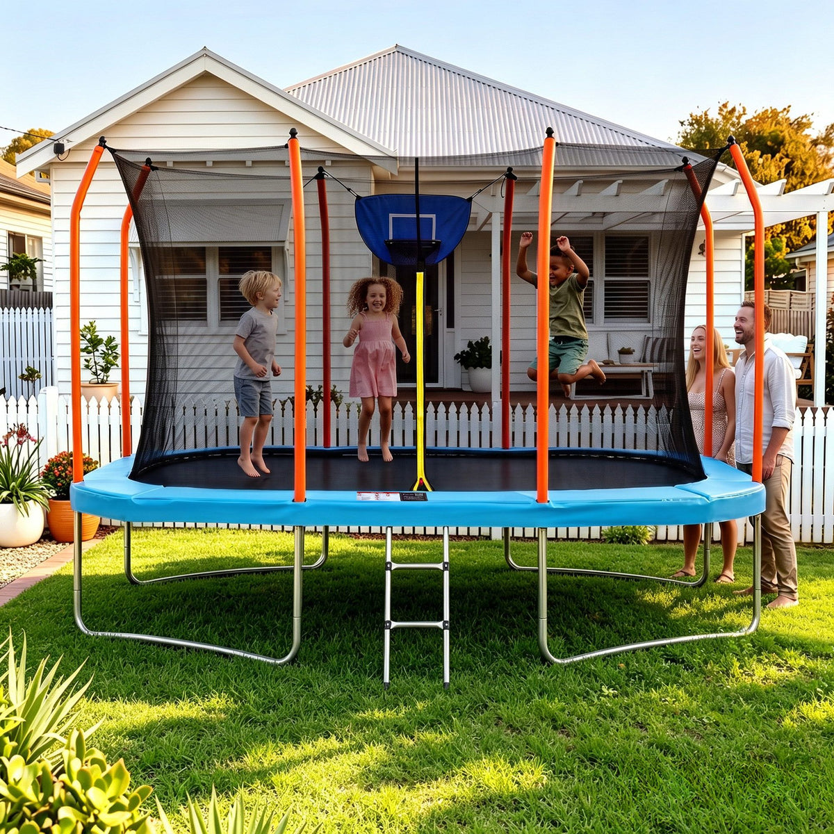 12FT Kids Trampoline Rectangle Rebounder with Basketball Set Blue