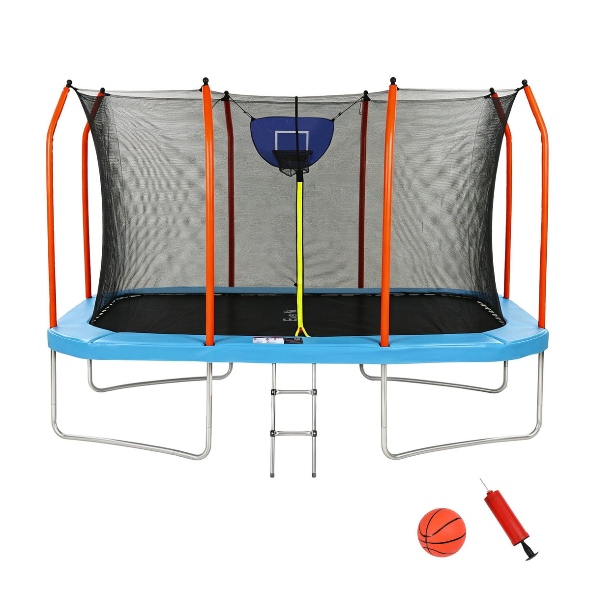12FT Kids Trampoline Rectangle Rebounder with Basketball Set Blue