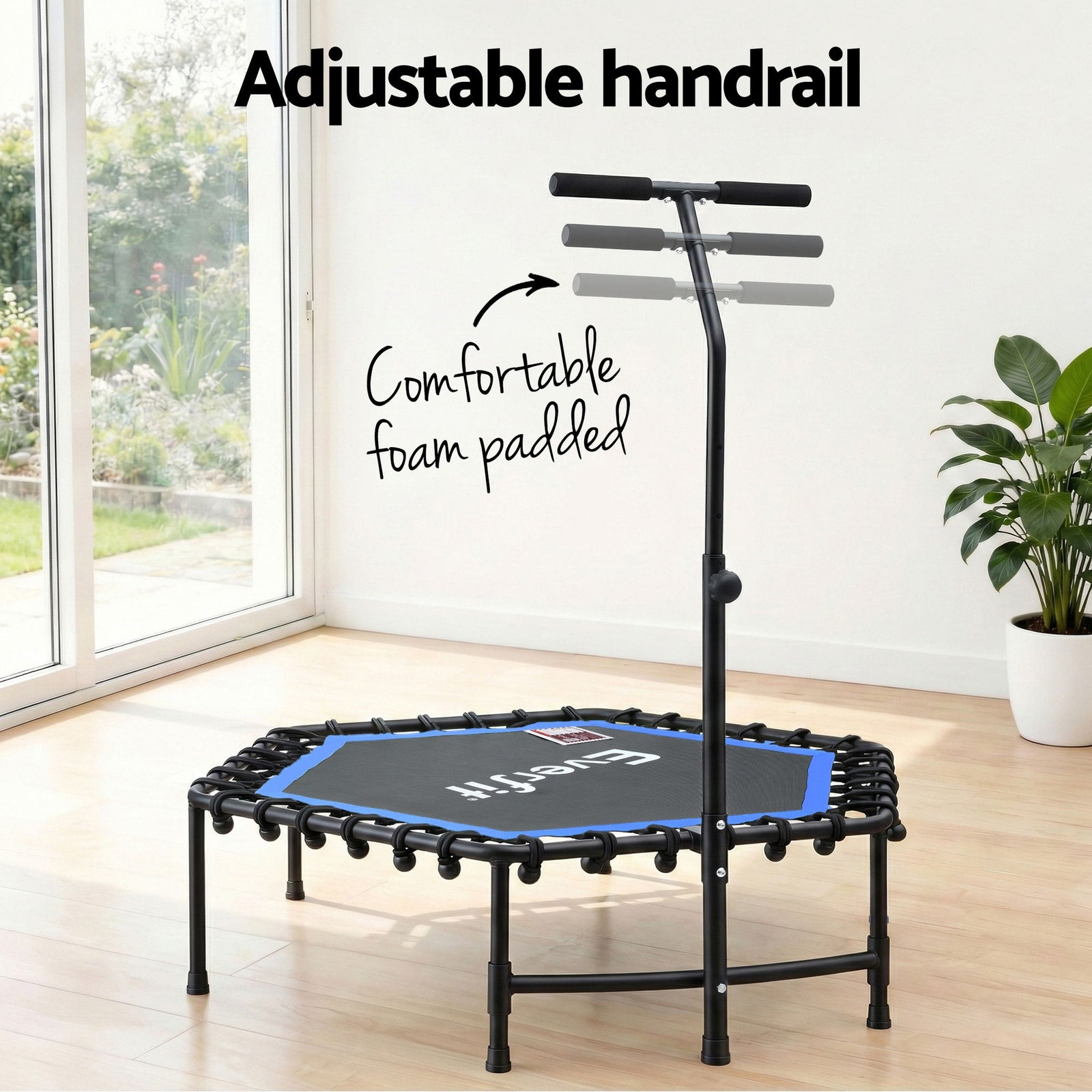 48inch Hexagon Fitness Trampoline Rebounder Adjustable Handrail Blue