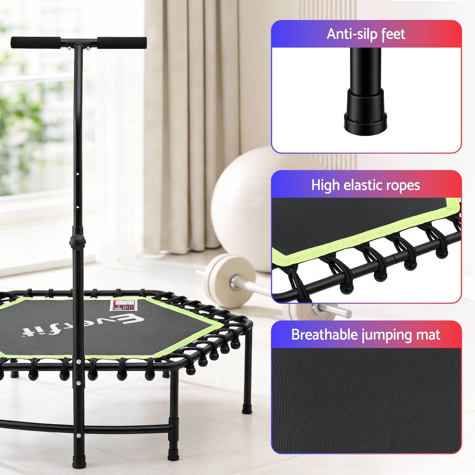 48inch Hexagon Fitness Trampoline Rebounder Adjustable Handrail Green