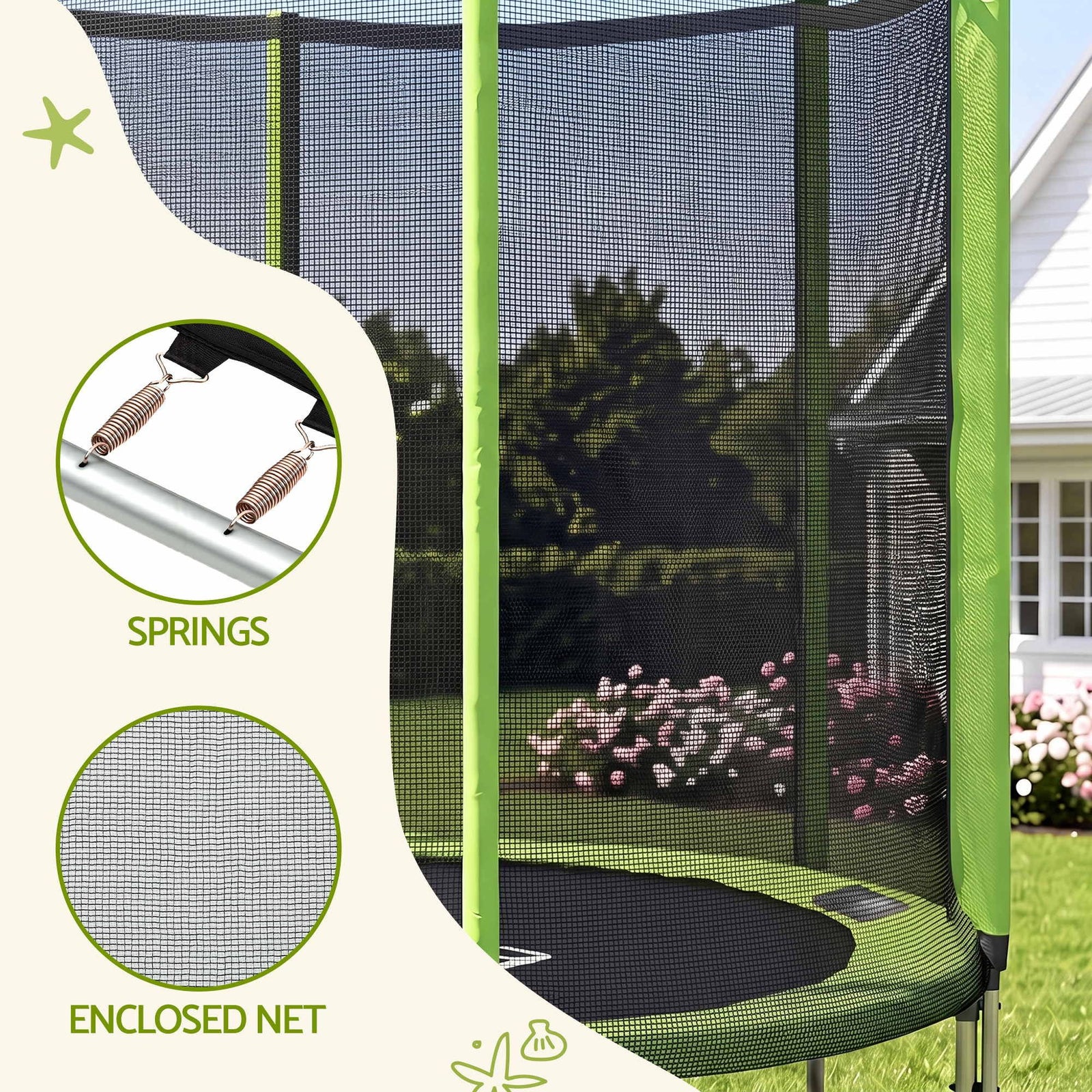 6FT Kids Trampoline Round Rebounder with Enclosure Net Green