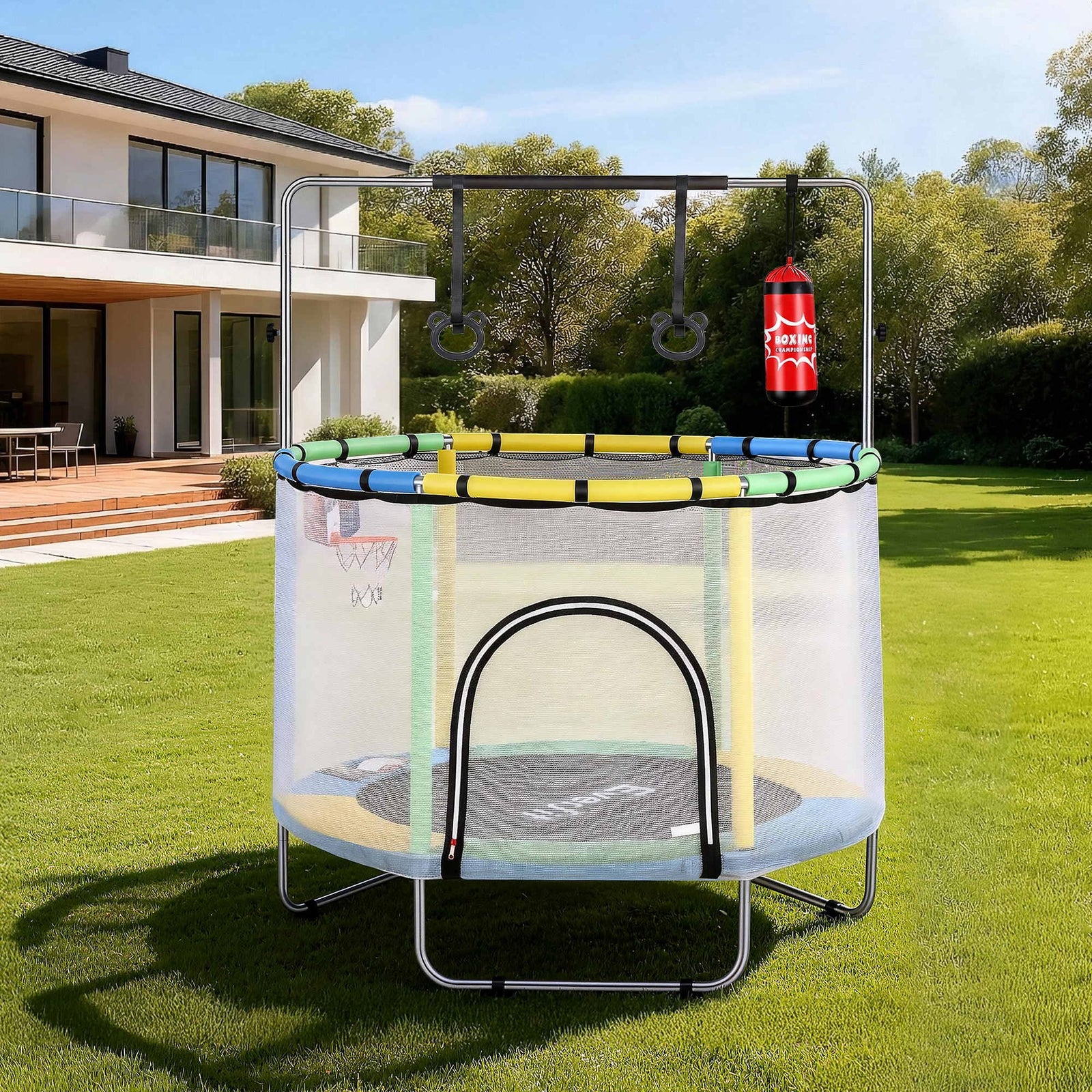 55inch Trampoline Kids Rebounder with Basketball Set Sandbag Boxing Game