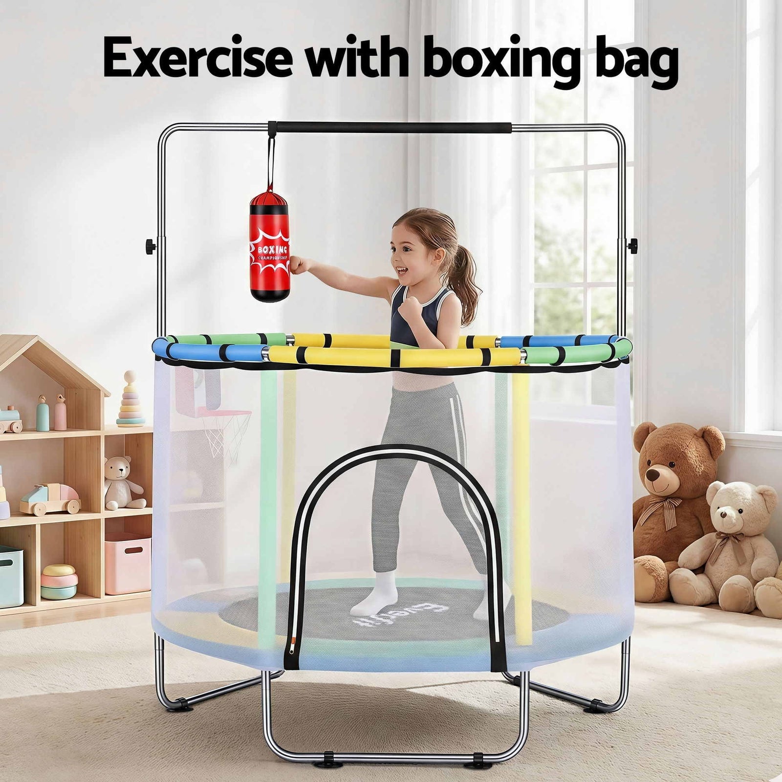 55inch Trampoline Kids Rebounder with Basketball Set Sandbag Boxing Game