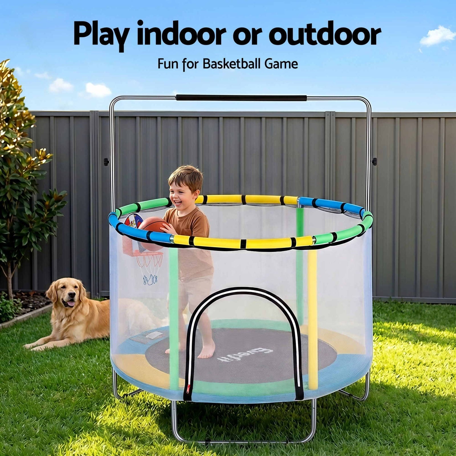 55inch Trampoline Kids Rebounder with Basketball Set Sandbag Boxing Game