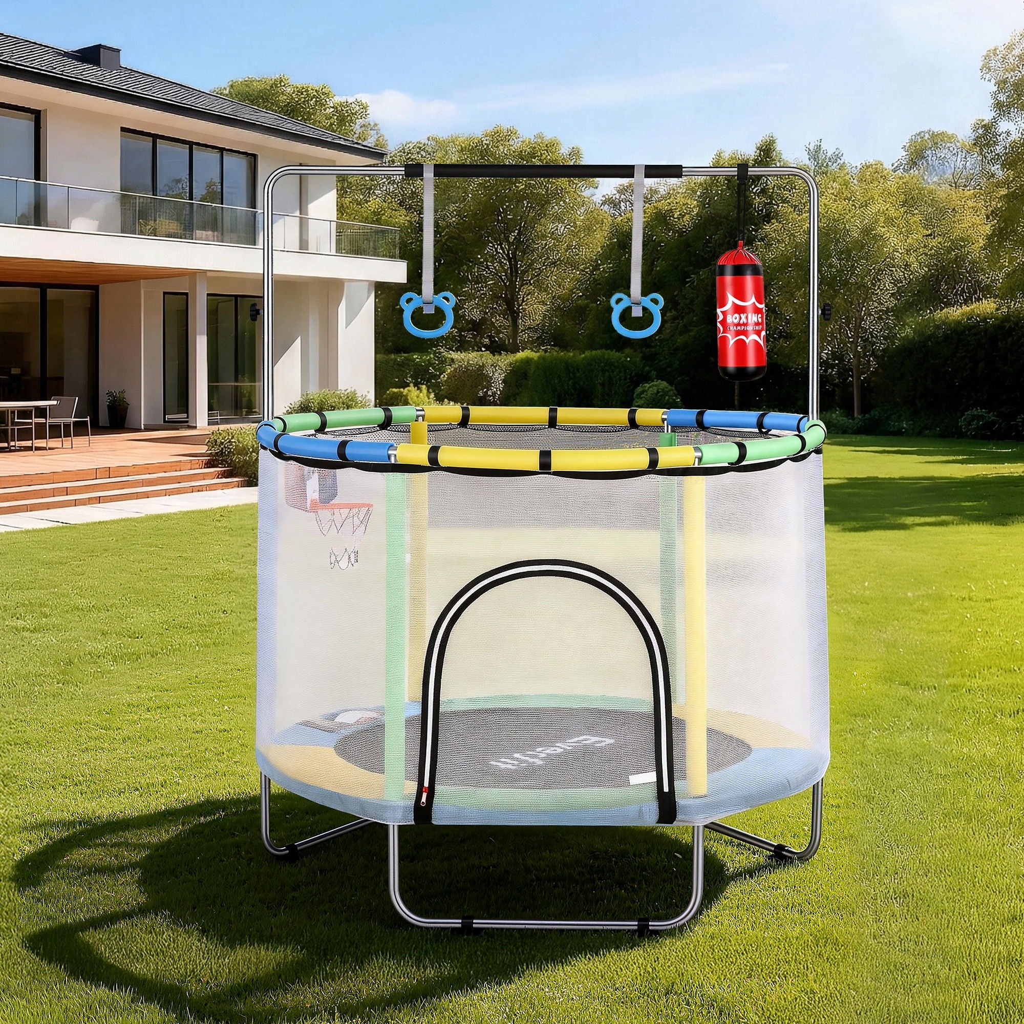 55inch Trampoline Kids Rebounder with Basketball Set Sandbag Boxing Game