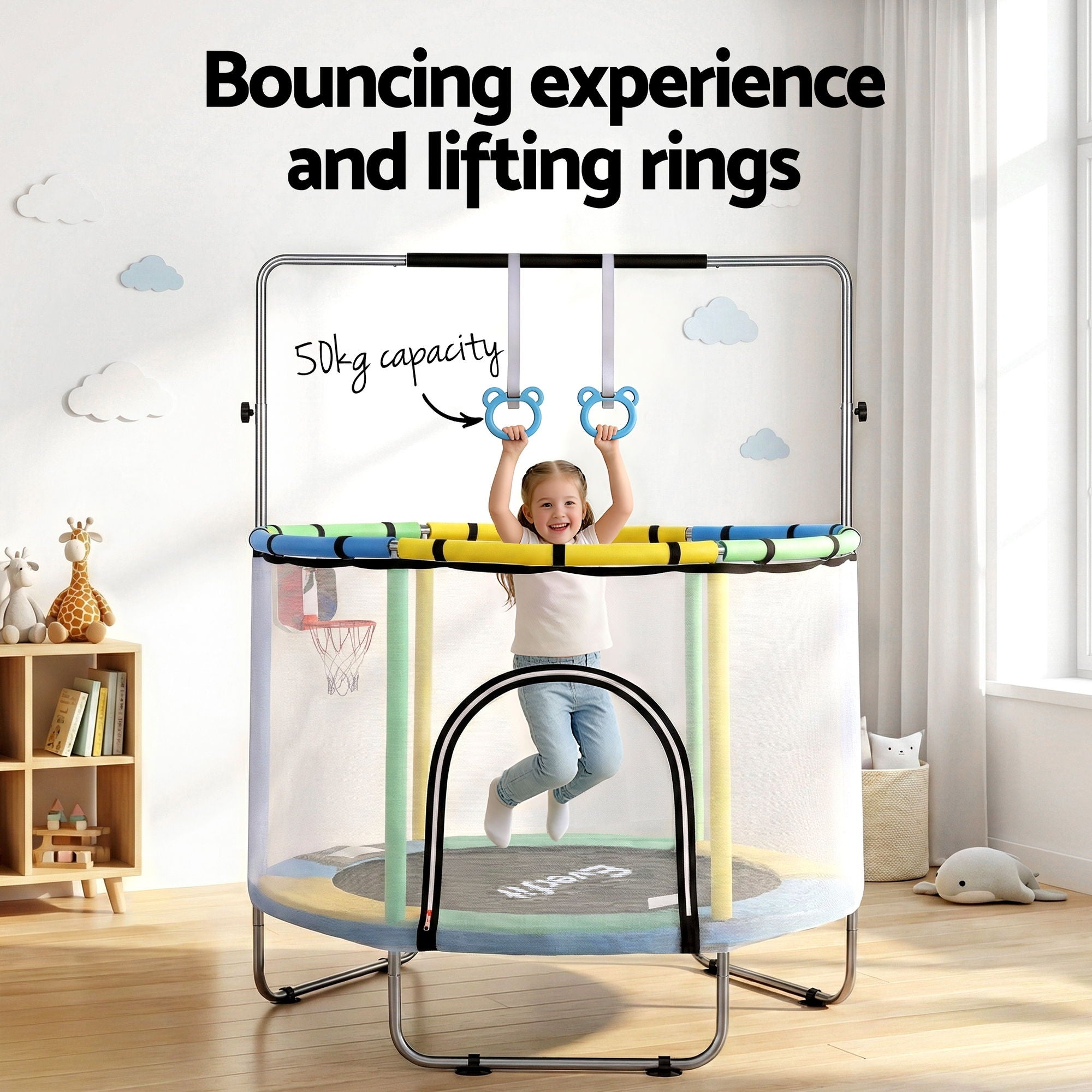 55inch Trampoline Kids Rebounder with Basketball Set Sandbag Boxing Game