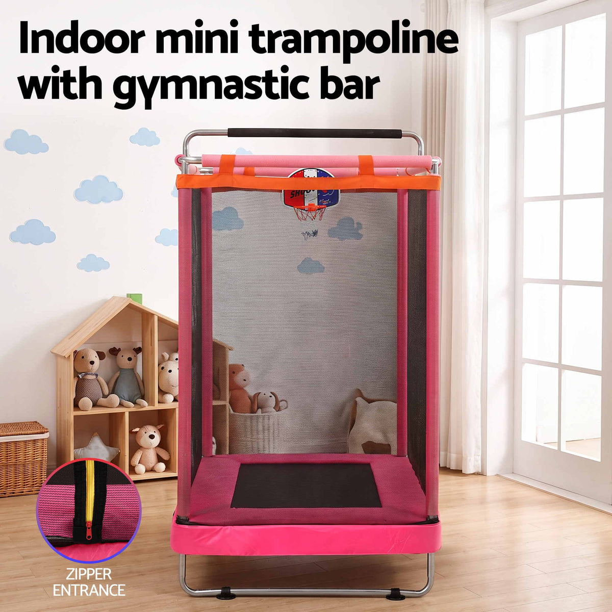 Everfit Kids 4.5FT Trampoline Rectangle Rebounder with Basketball Hoop Pink